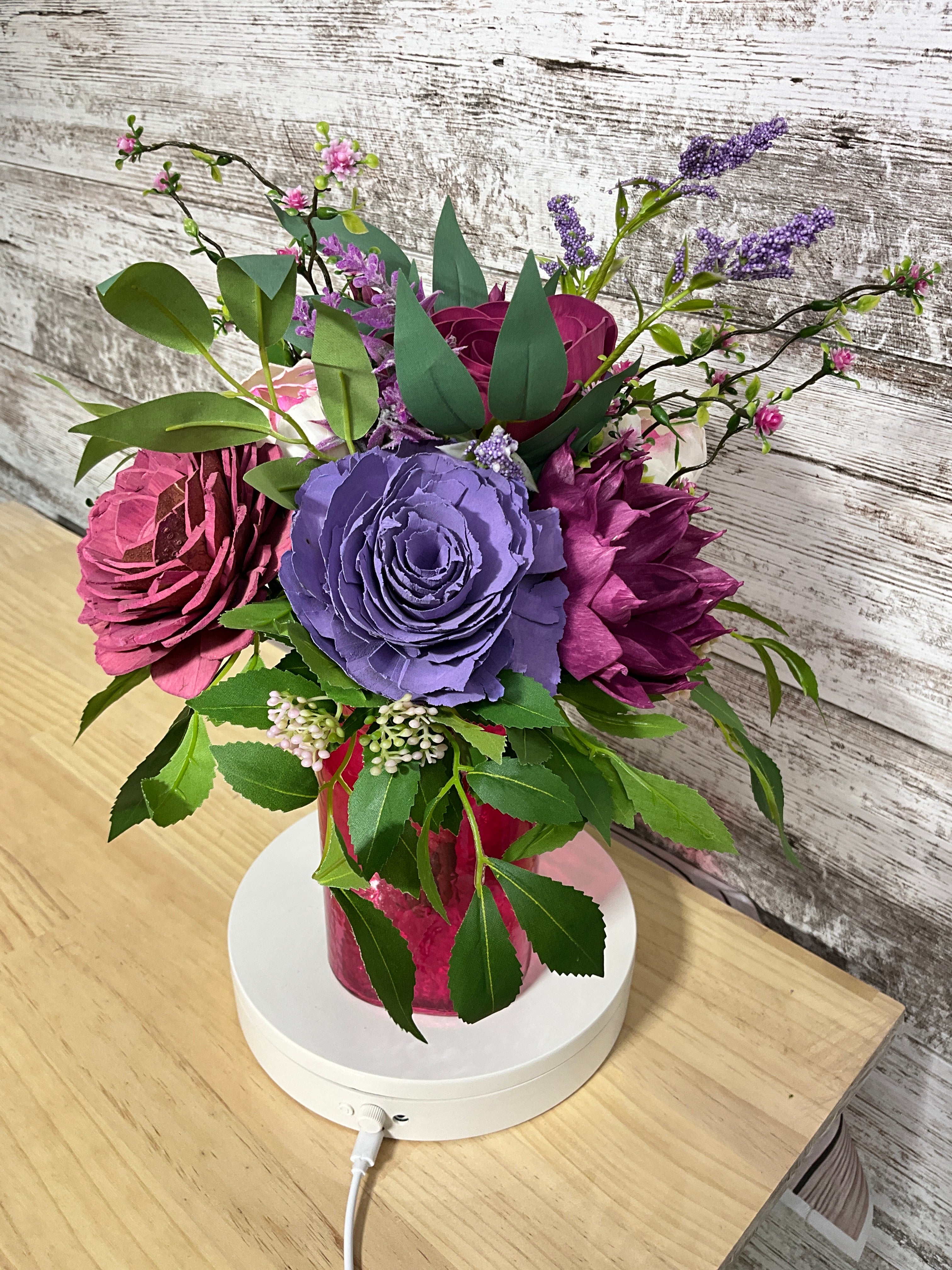 Berry Bliss Sola Wood Flower Arrangement in Red Glass Vase