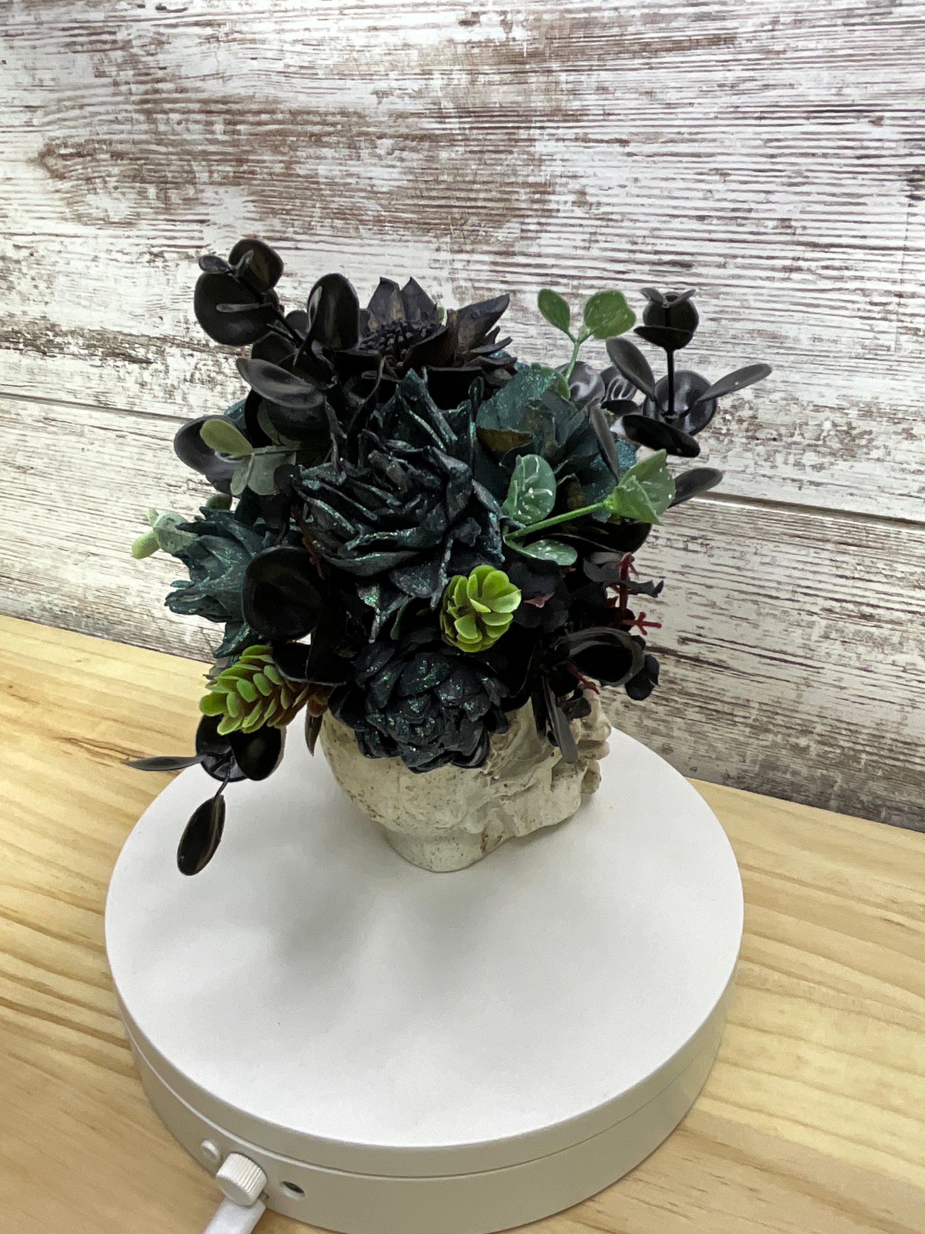 Gothic Black Sola Wood Flower Skull Arrangement