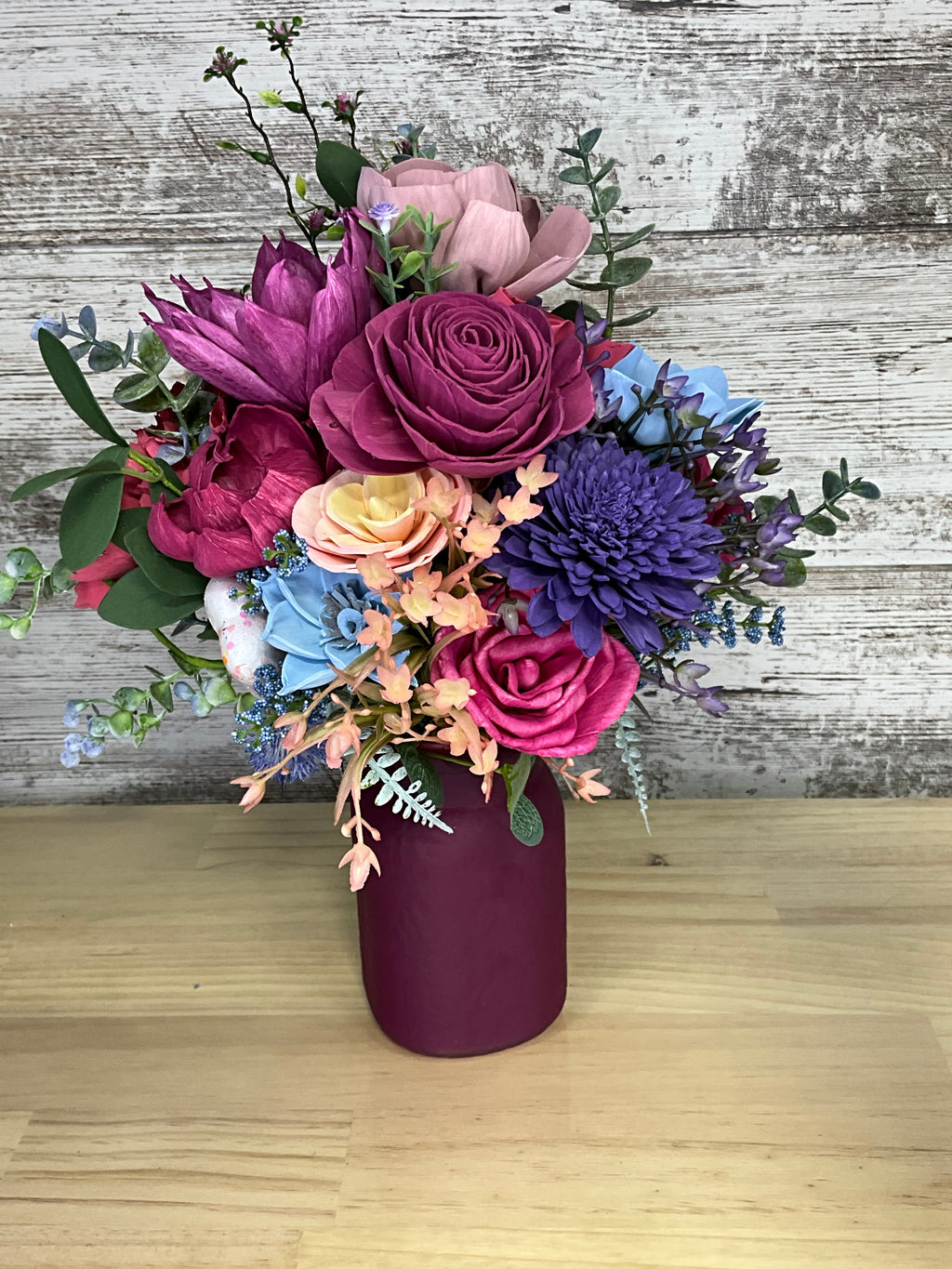 Frosted Wine Jar Drop-In Sola Wood Bouquet – Magenta, Purple, Lavender & Sky Blue