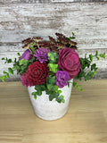 White Embossed Lace Pot Sola Wood Arrangement – Burgundy, Plum & Purple