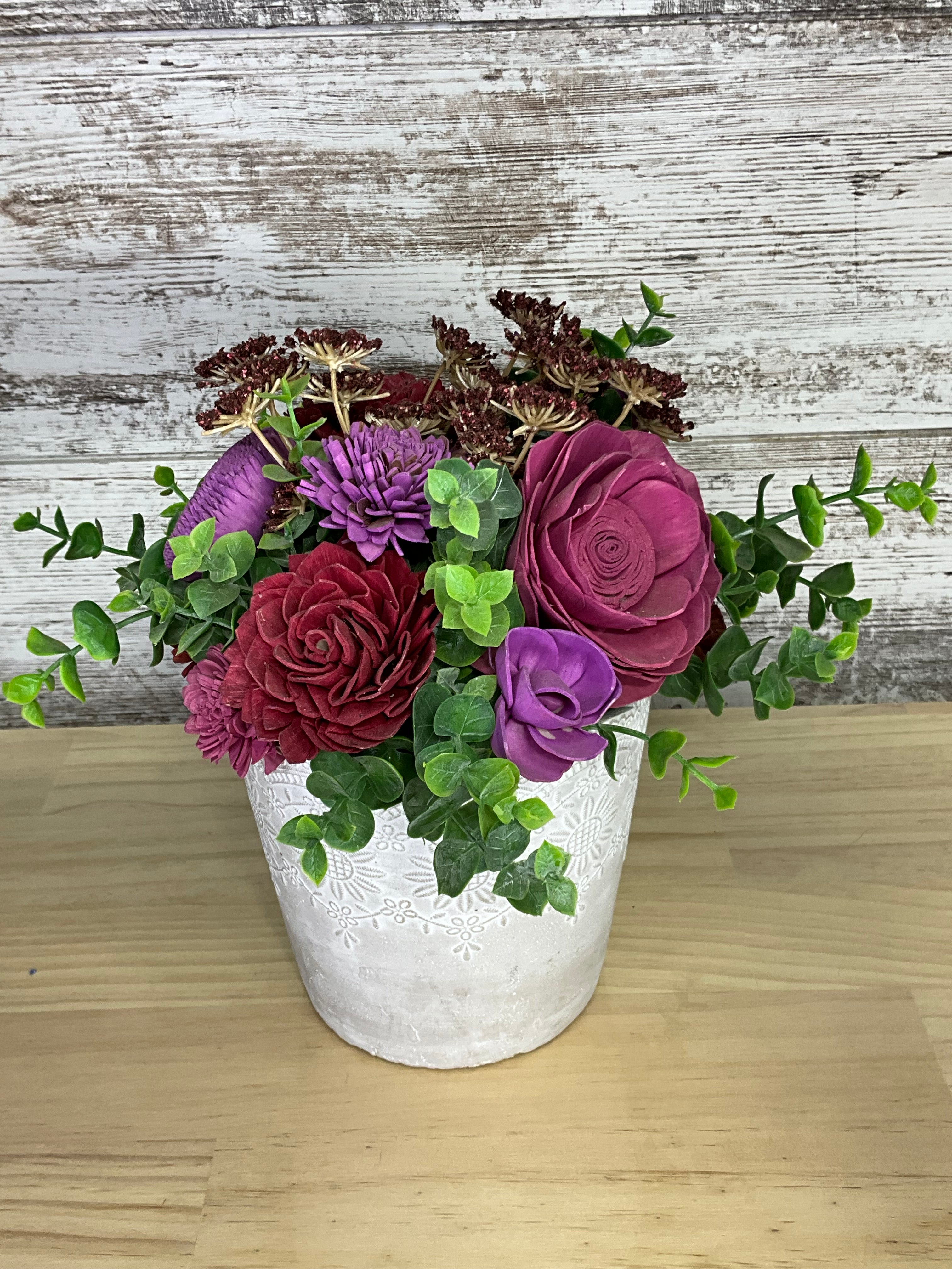White Embossed Lace Pot Sola Wood Arrangement – Burgundy, Plum & Purple