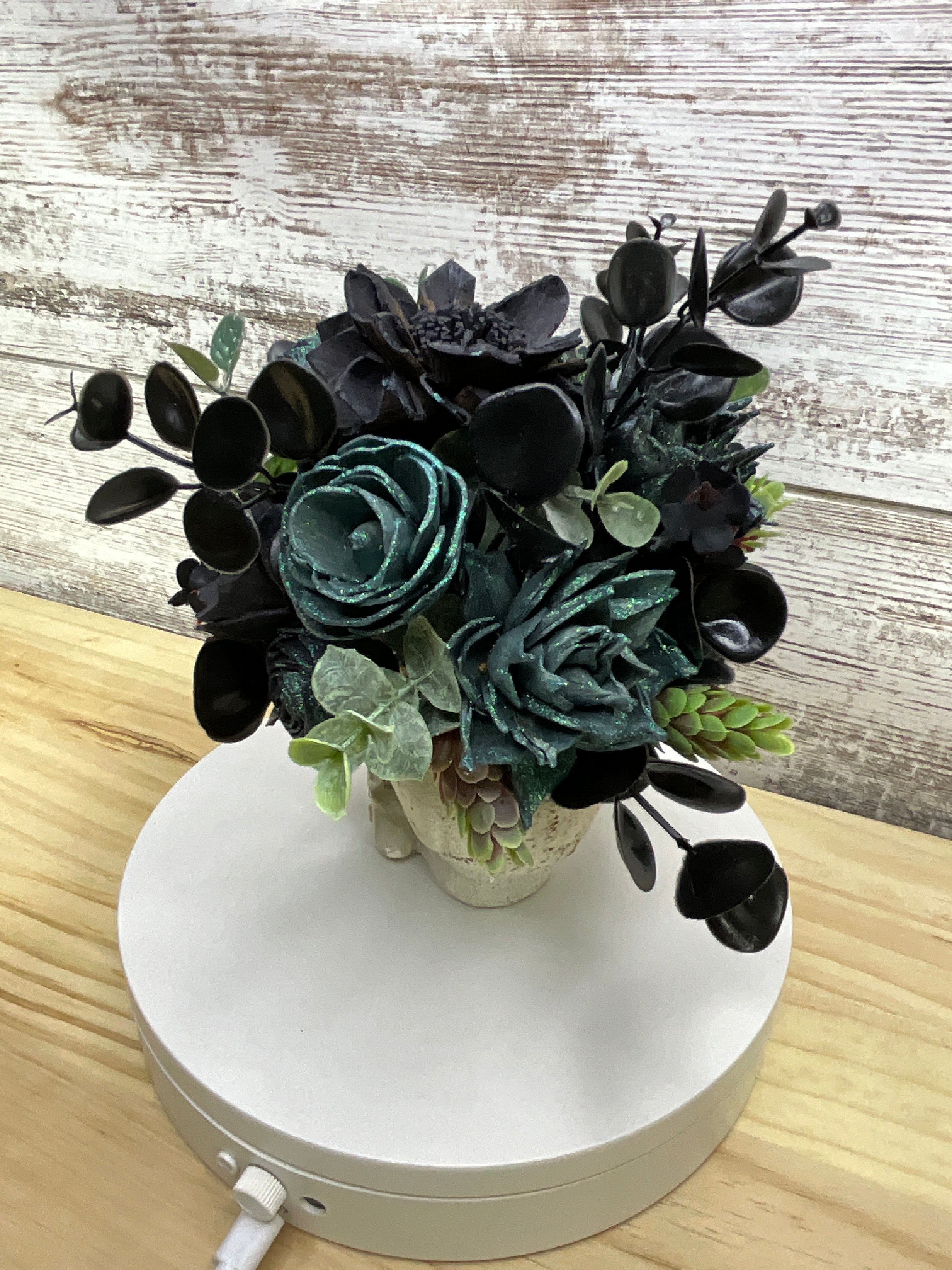 Gothic Black Sola Wood Flower Skull Arrangement