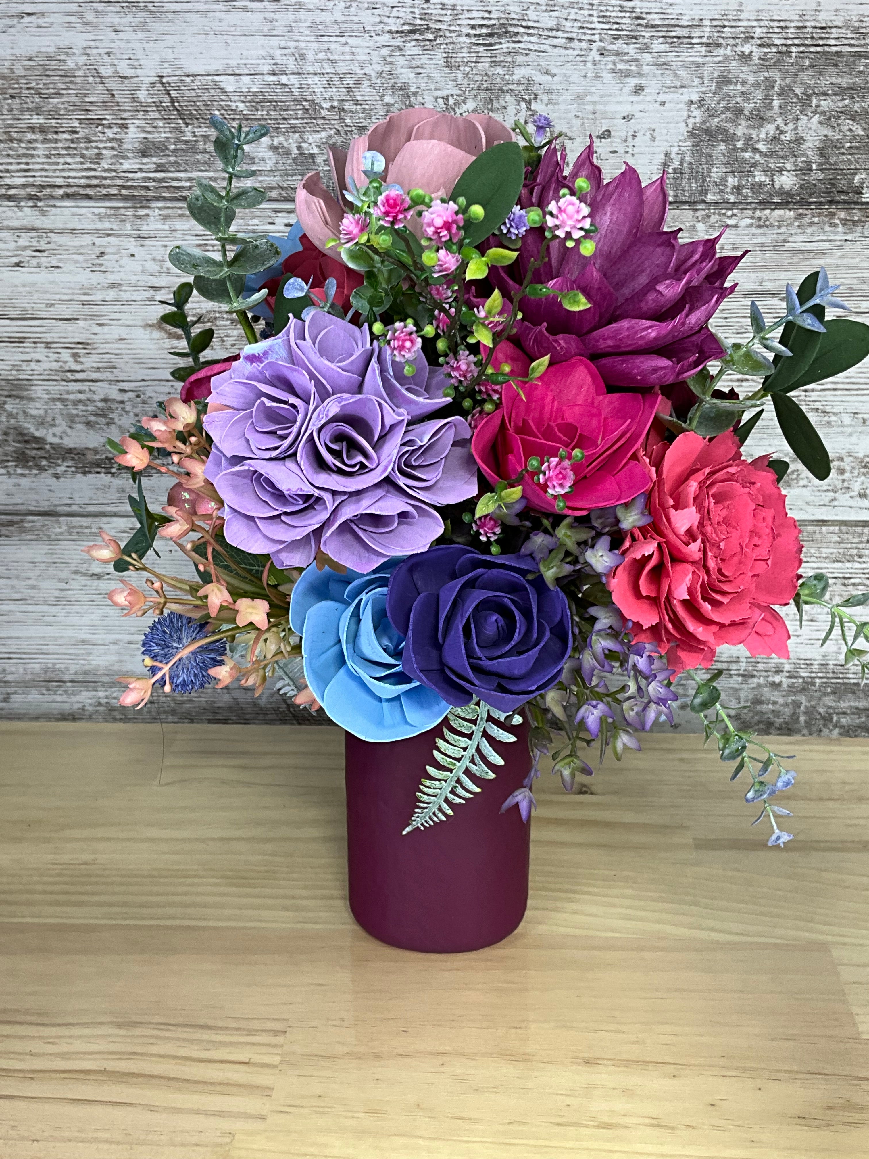 Frosted Wine Jar Drop-In Sola Wood Bouquet – Magenta, Purple, Lavender & Sky Blue