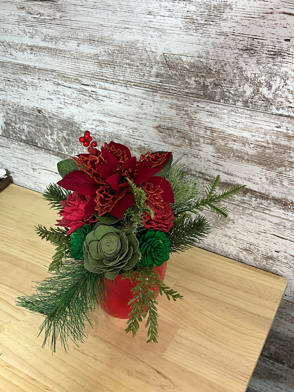Poinsettia & Pine | Christmas Sola Wood Flower Arrangement