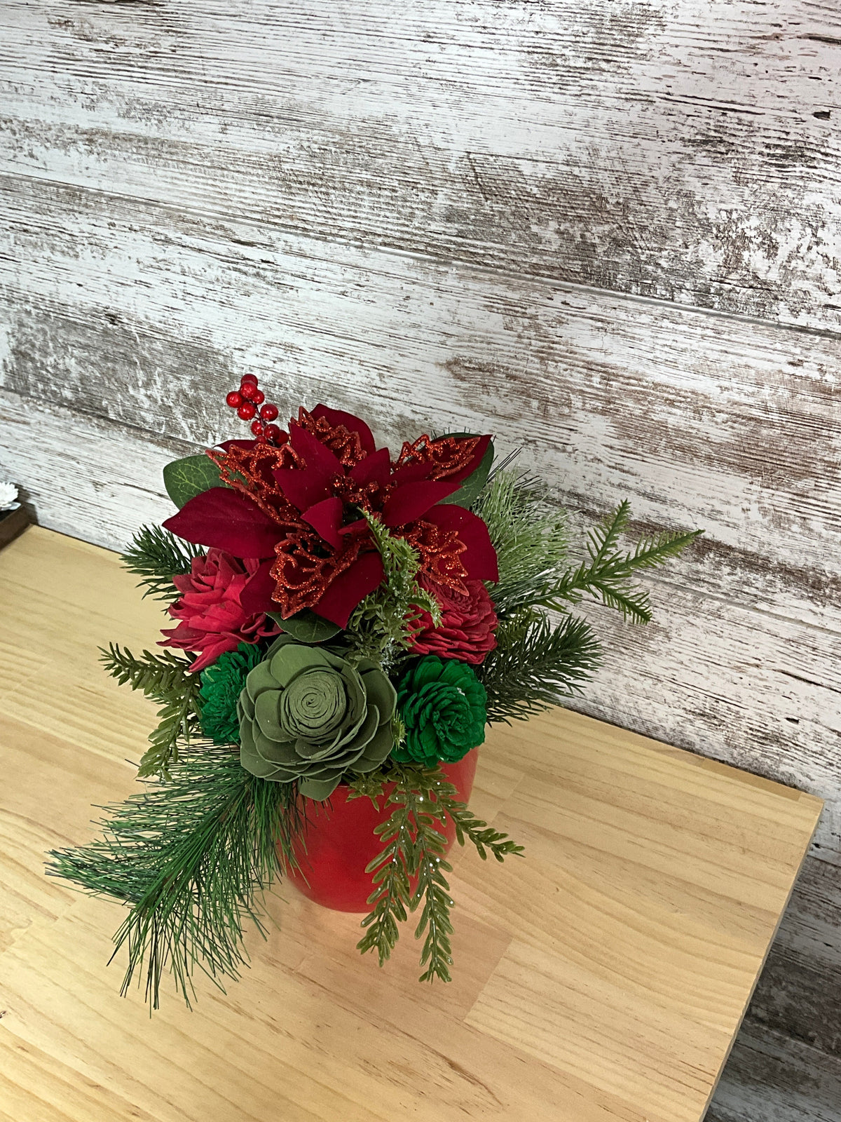 Poinsettia & Pine | Christmas Sola Wood Flower Arrangement