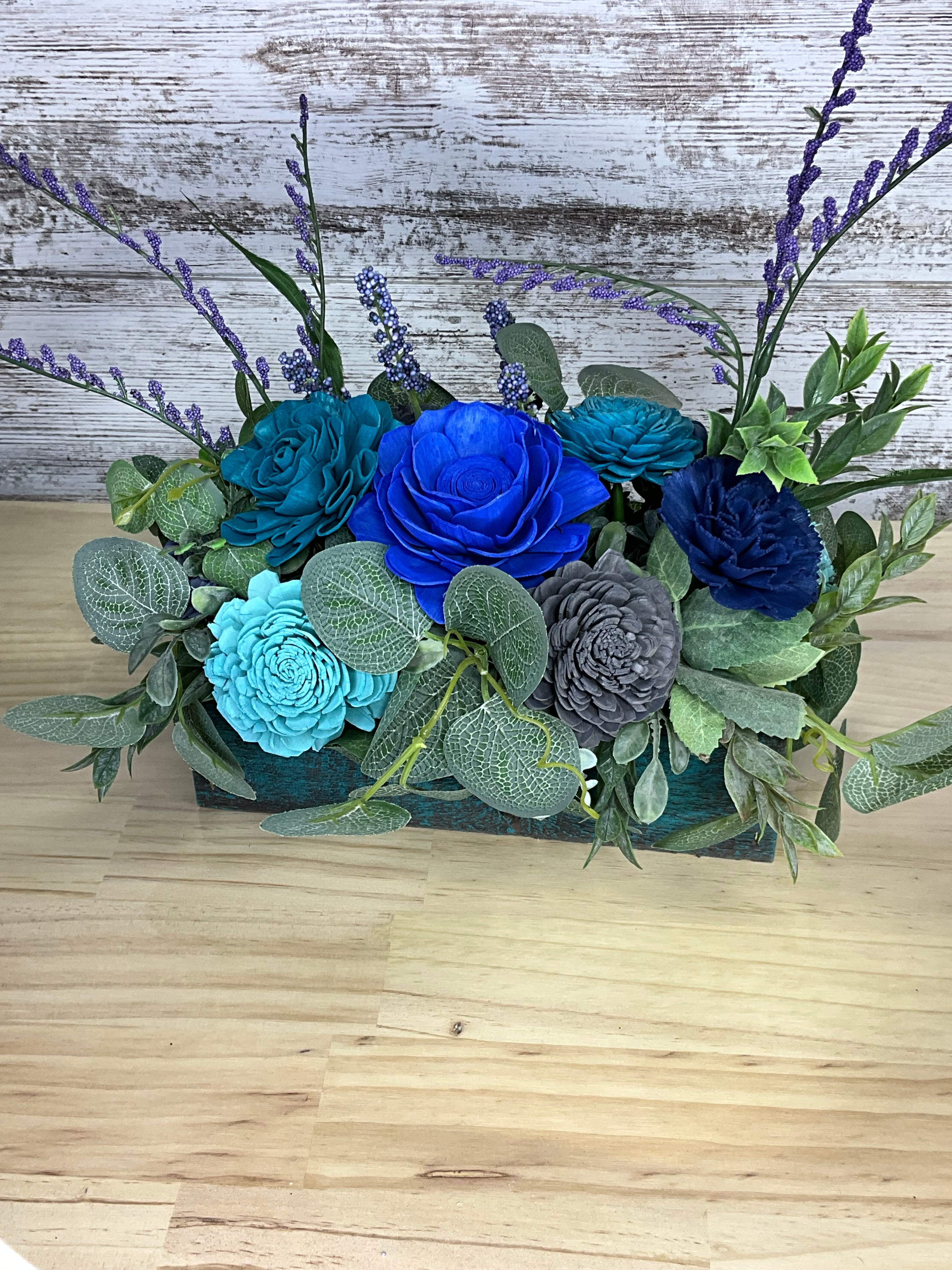 Distressed Teal Planter Box Sola Wood Arrangement – Cobalt, Teal, Sky Blue & Slate