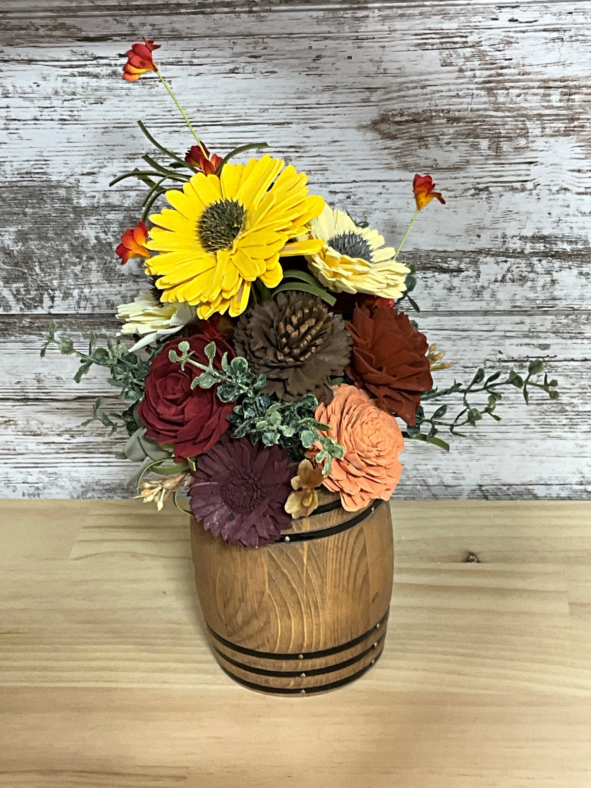 Barrel of Autumn Sunshine | Sola Wood Flower Arrangement
