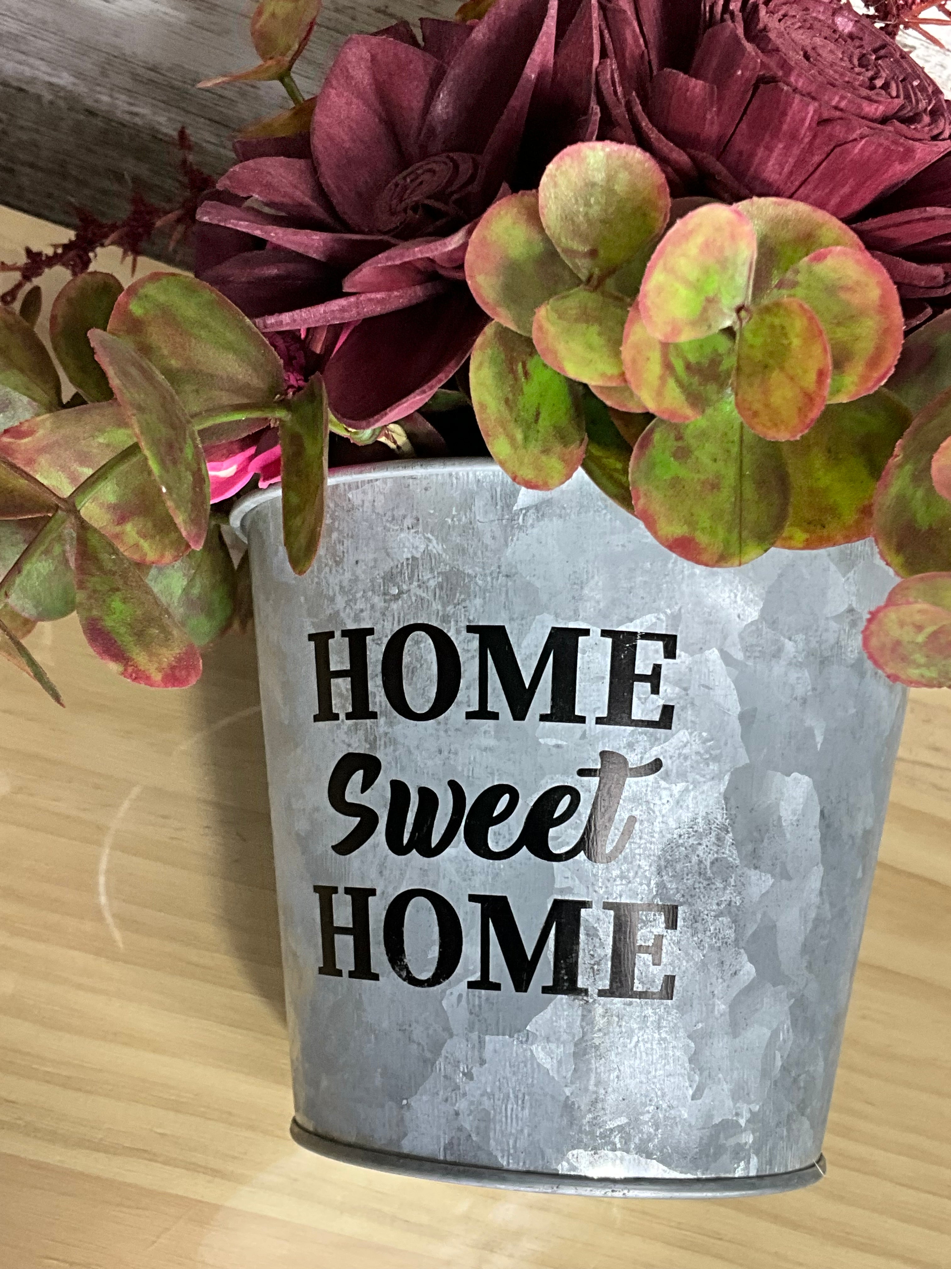 Home Sweet Home Galvanized Bucket Sola Wood Arrangement – Burgundy, Magenta & Hot Pink
