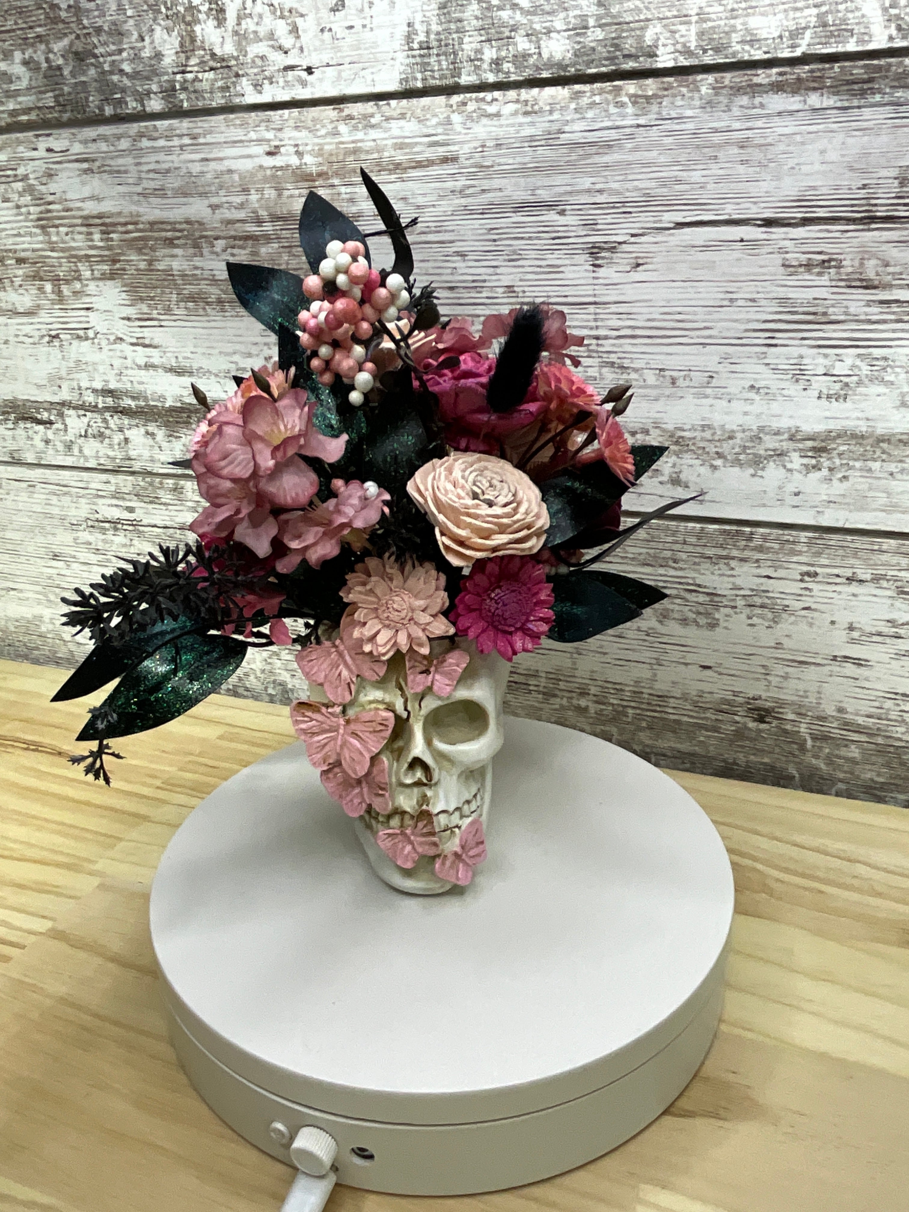 Gothic Halloween Butterfly Skull Sola Wood Flower Arrangement – Blush & Mauve