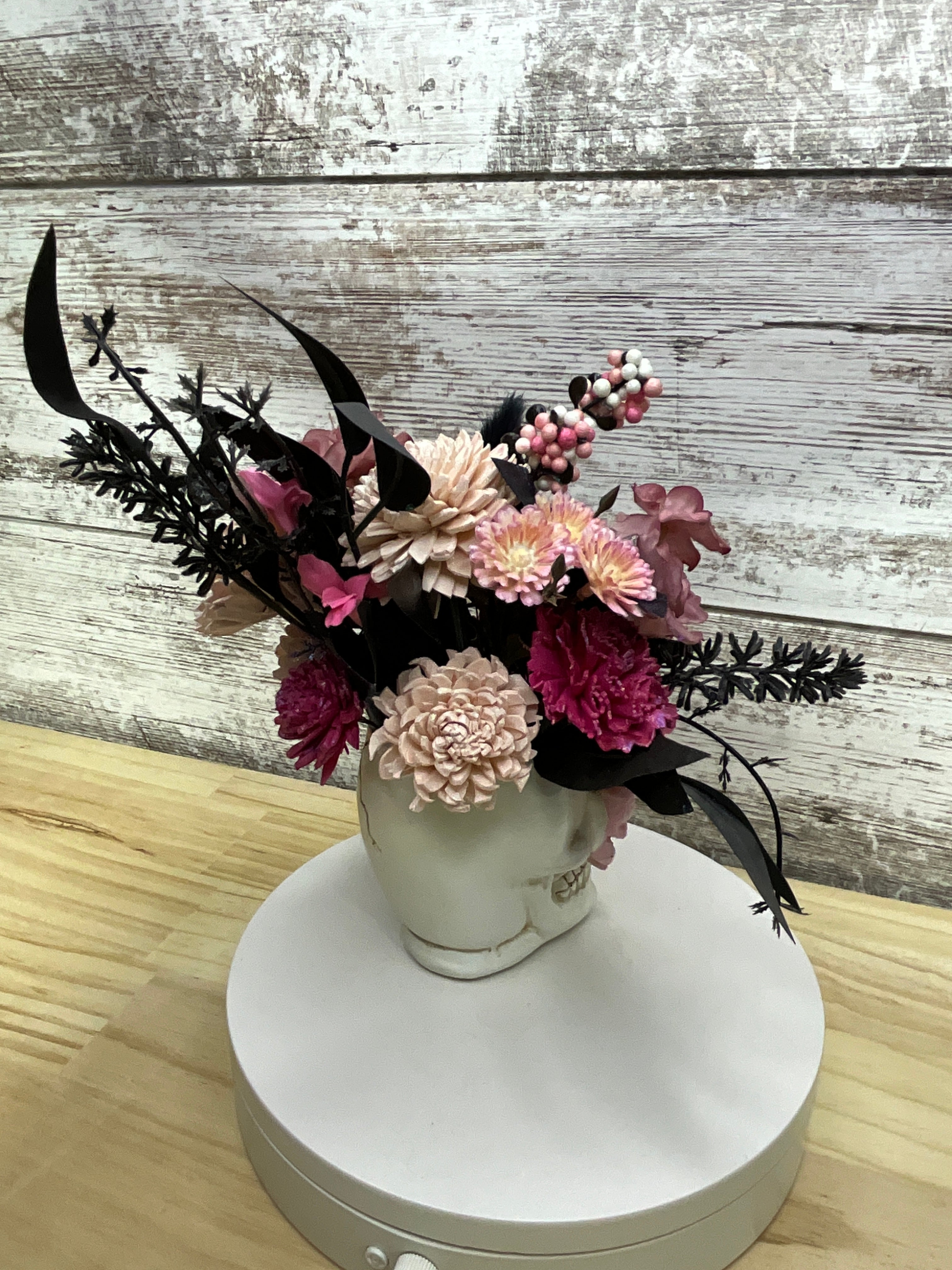 Gothic Halloween Butterfly Skull Sola Wood Flower Arrangement – Blush & Mauve