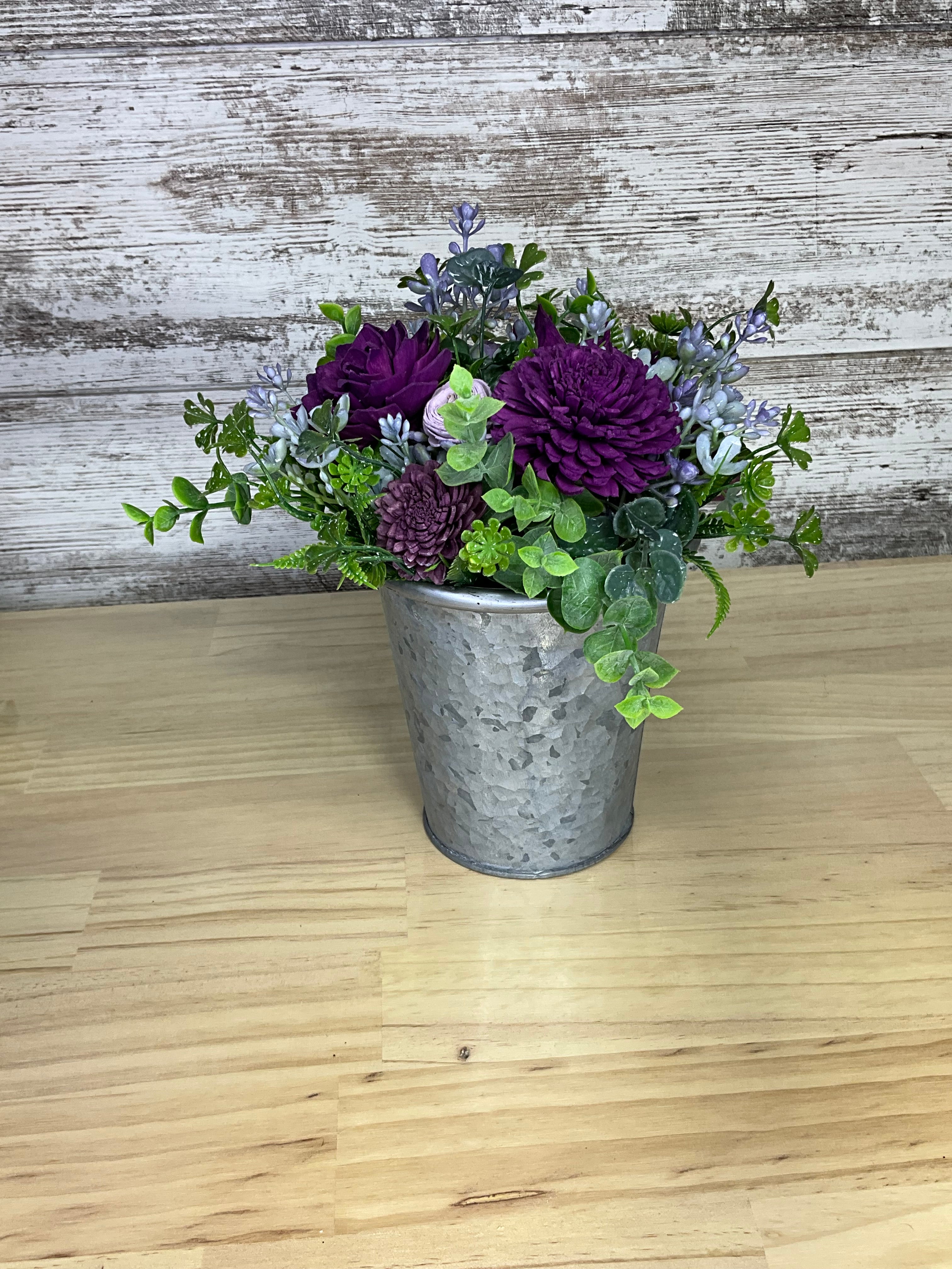Galvanized Bucket Sola Wood Arrangement – Deep Plum & Silver Blue