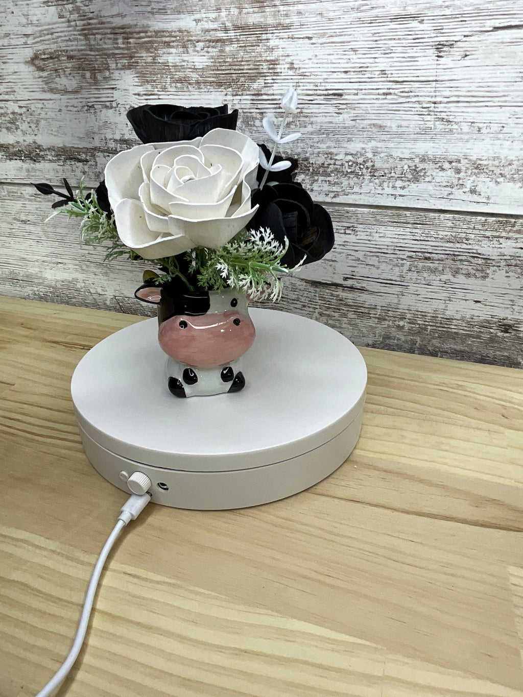 Black & White Sola Wood Flower Arrangement in Cow Ceramic Mini Mug