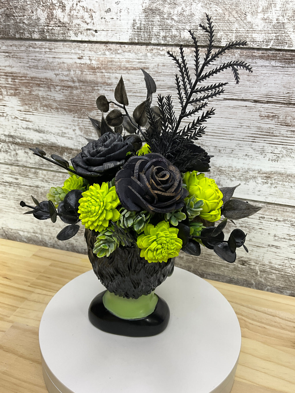 Frankenstein Sola Wood Flower Arrangement – Black & Lime Green
