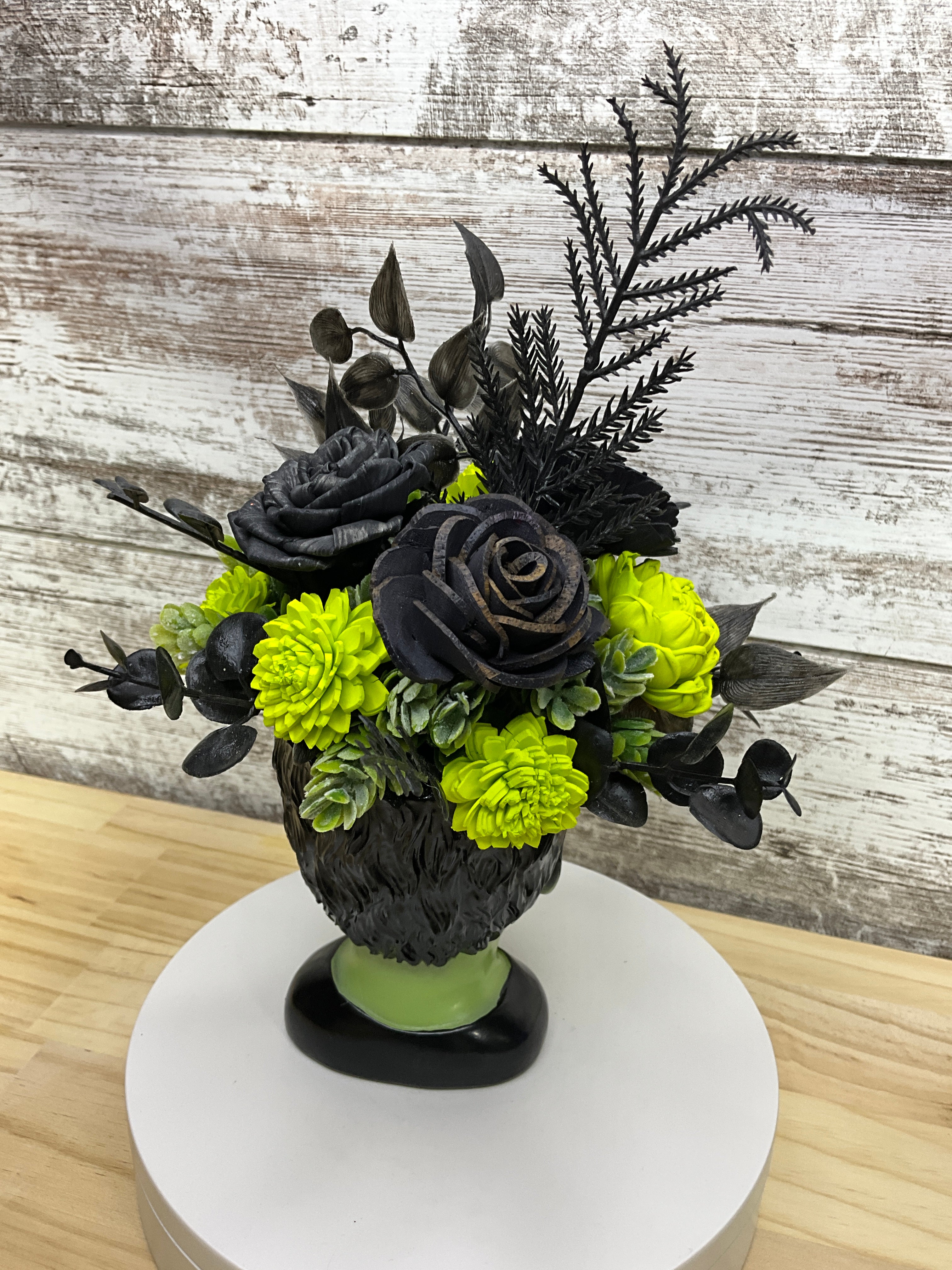 Frankenstein Sola Wood Flower Arrangement – Black & Lime Green