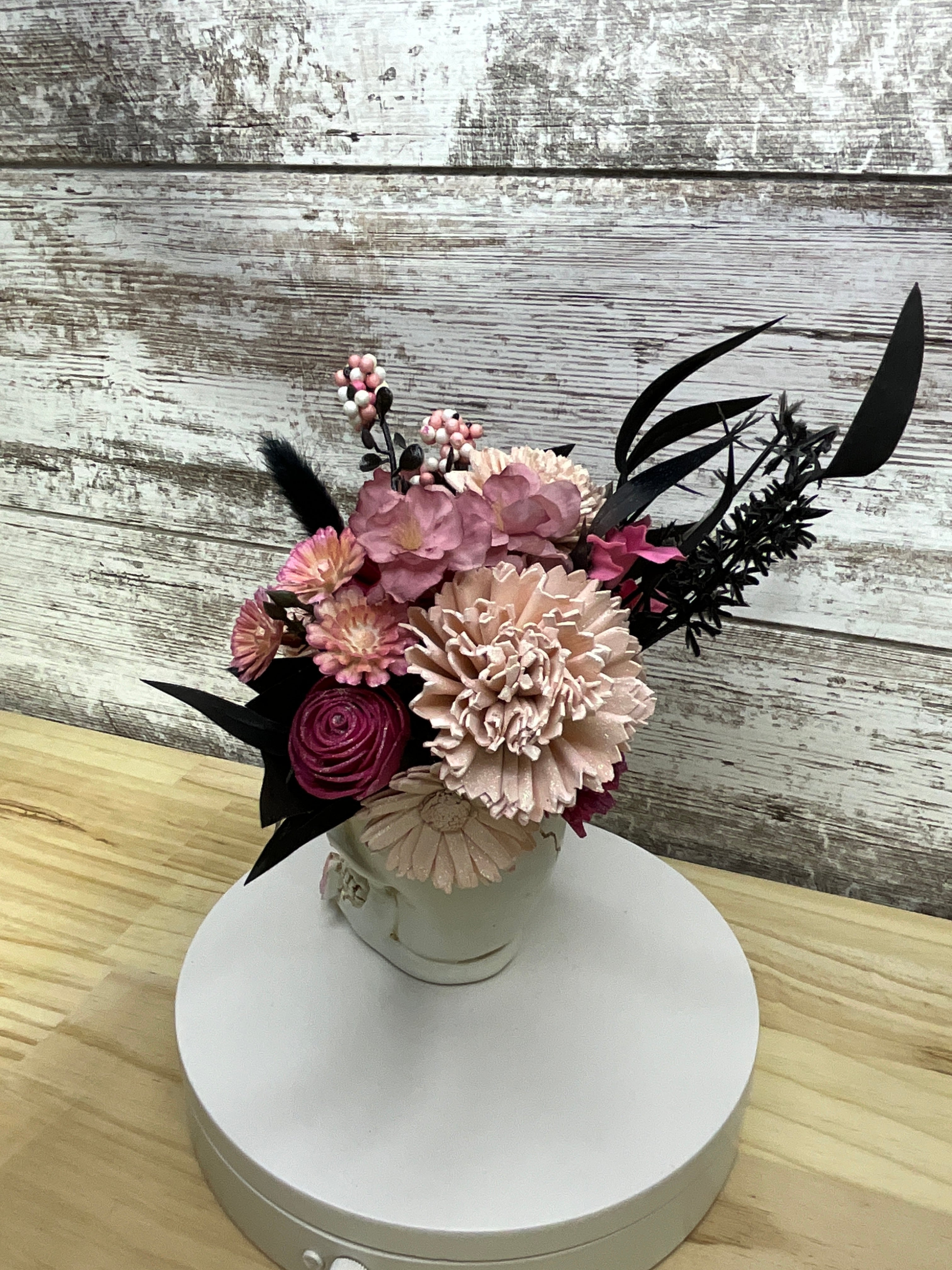 Gothic Halloween Butterfly Skull Sola Wood Flower Arrangement – Blush & Mauve
