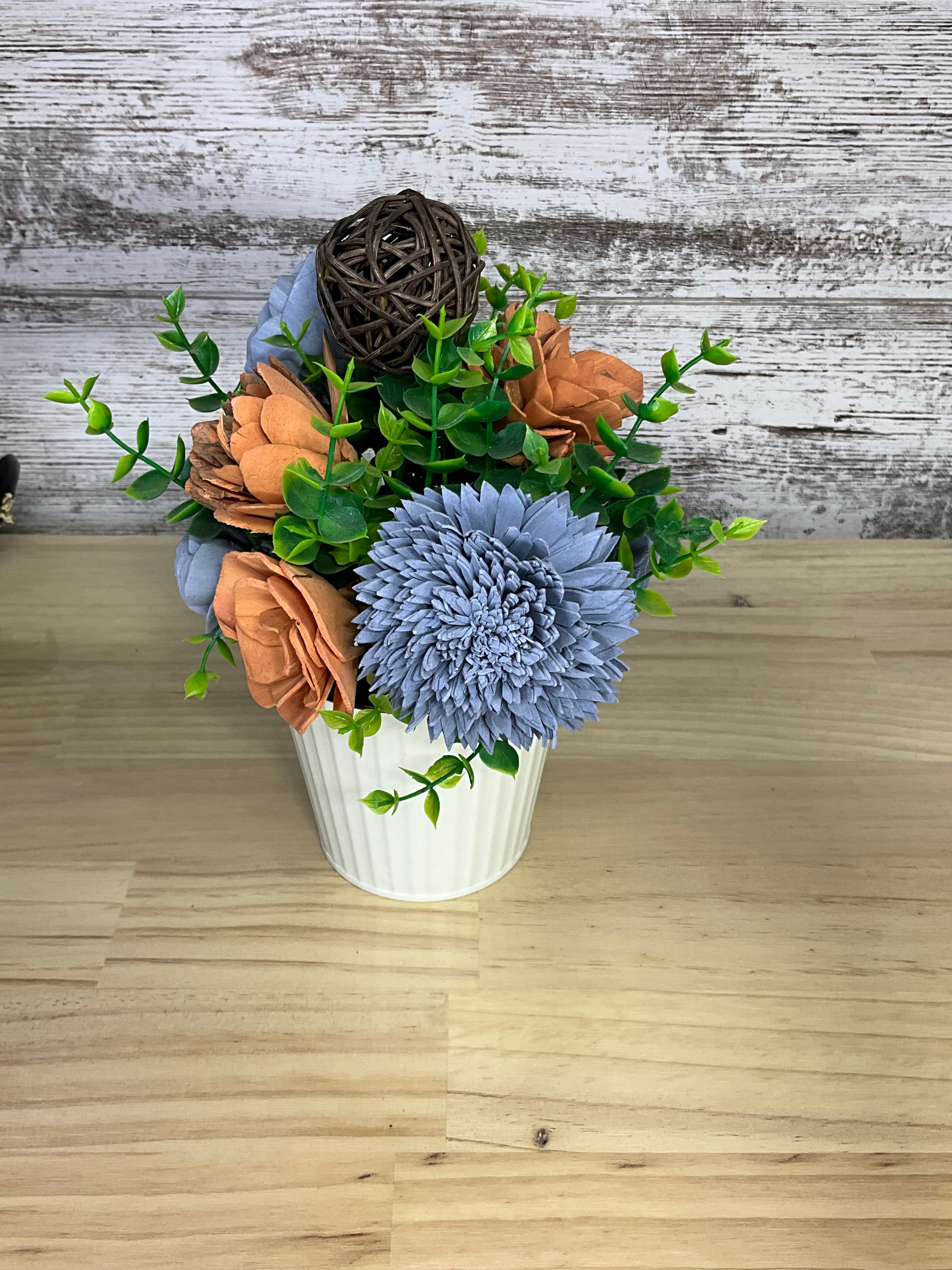 Ribbed White Pot Sola Wood Arrangement – Dusty Blue & Terracotta