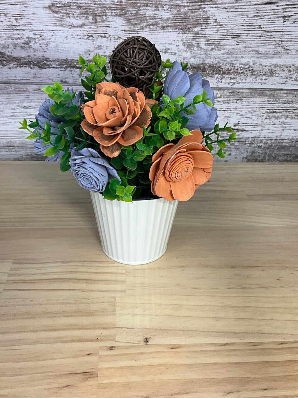 Ribbed White Pot Sola Wood Arrangement – Dusty Blue & Terracotta