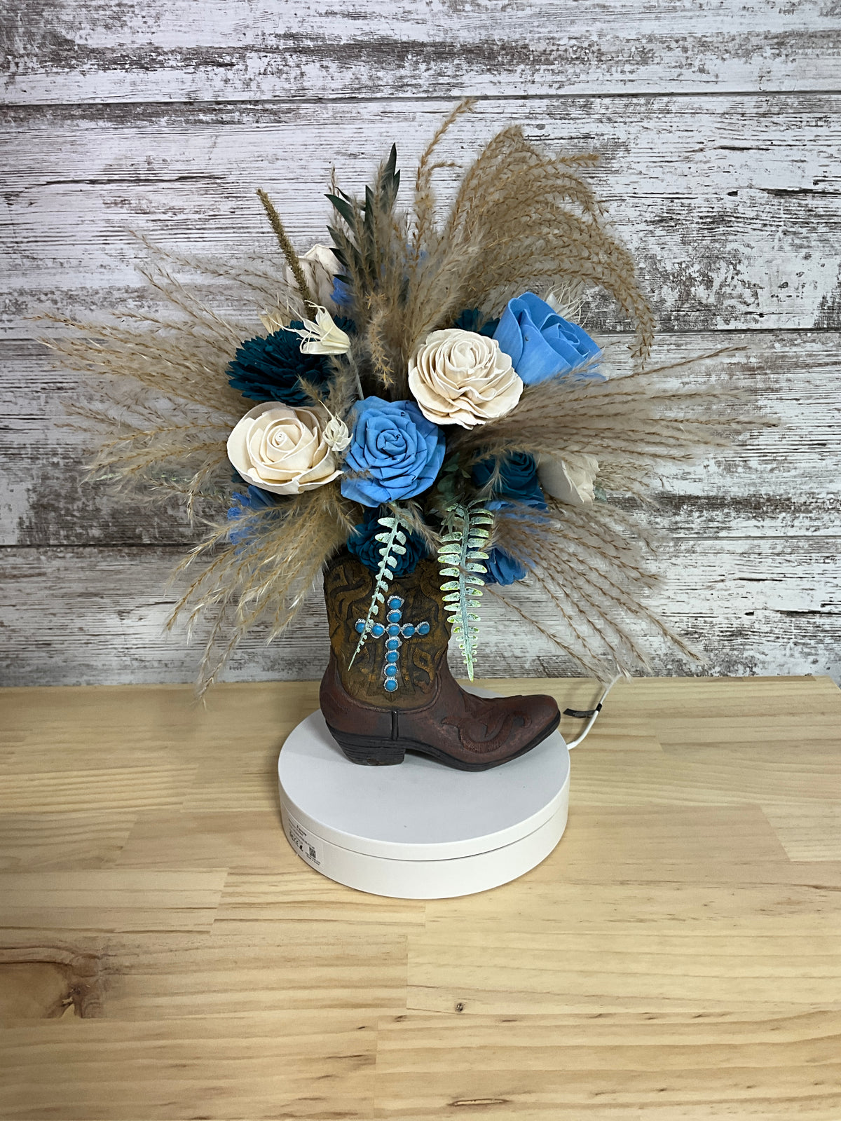 Prairie Charm Cowboy Boot Wood Flower & Pampas Arrangement