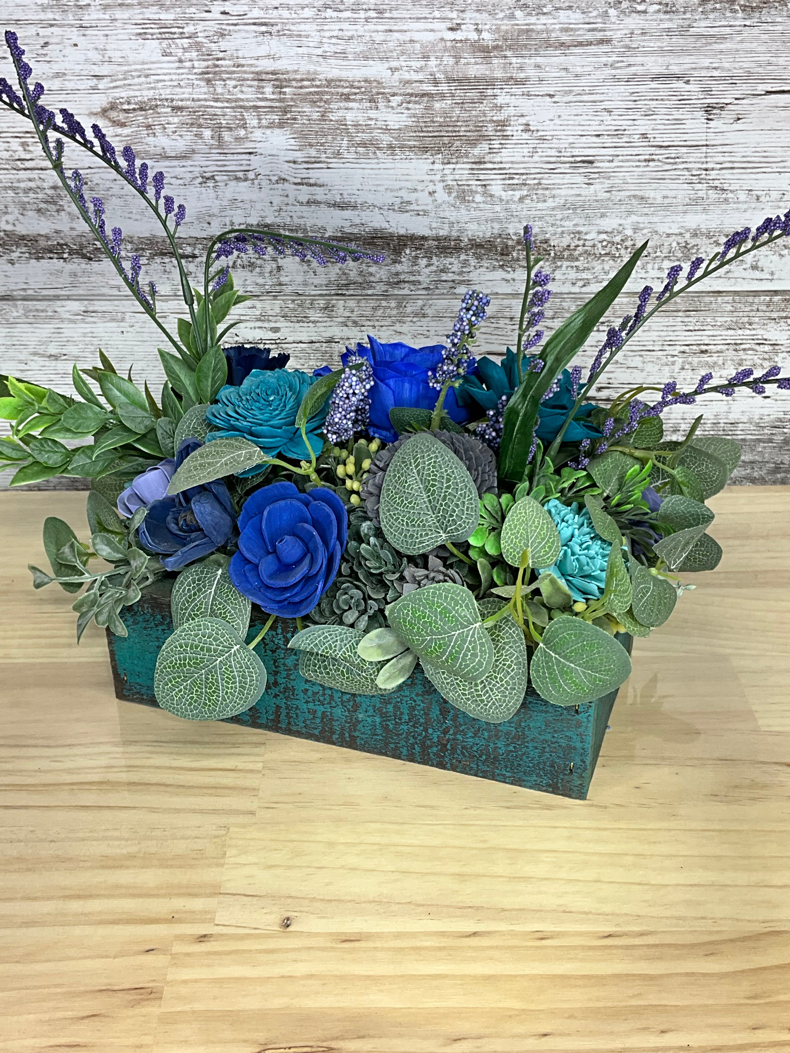 Distressed Teal Planter Box Sola Wood Arrangement – Cobalt, Teal, Sky Blue & Slate
