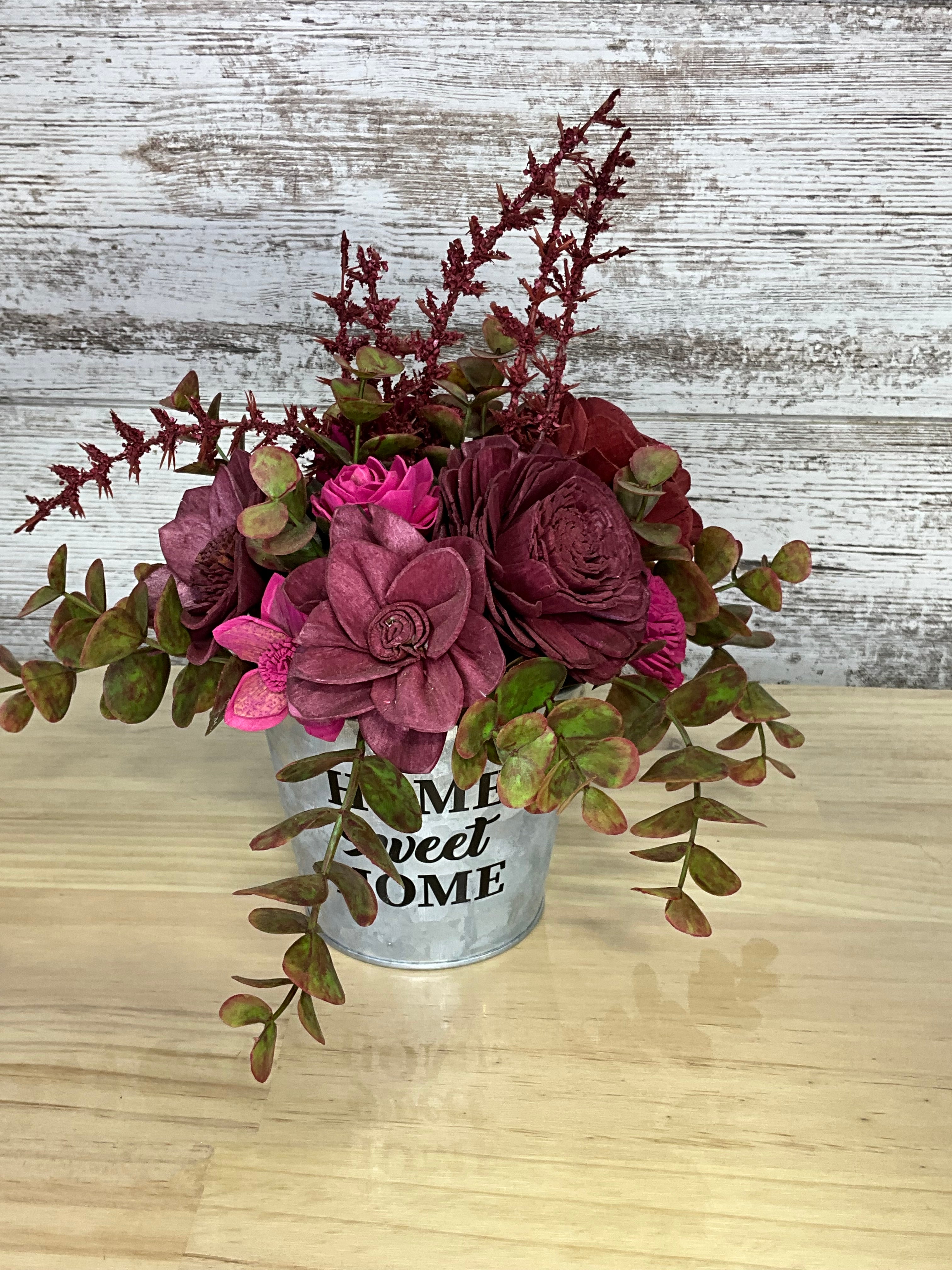 Home Sweet Home Galvanized Bucket Sola Wood Arrangement – Burgundy, Magenta & Hot Pink