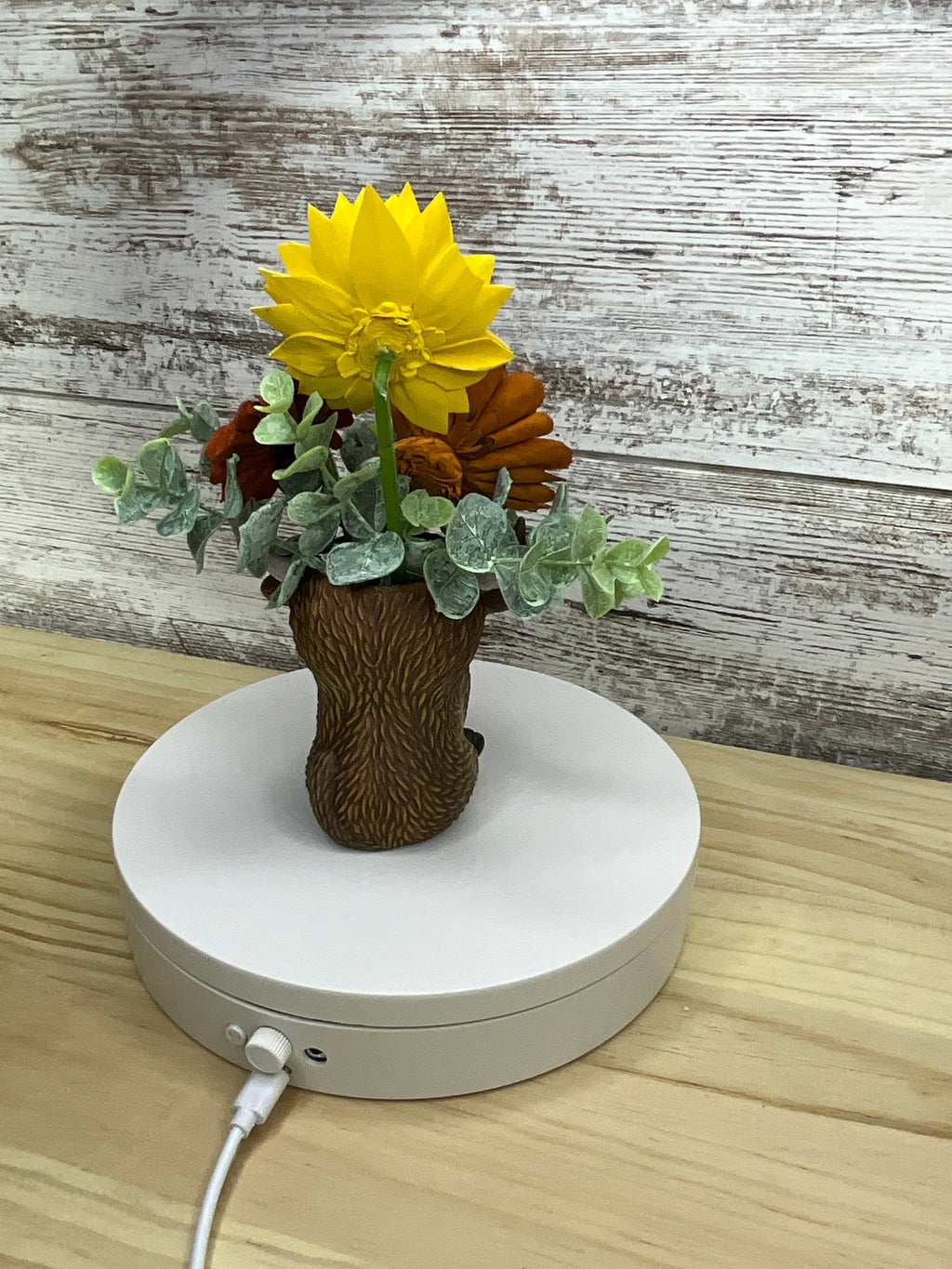 Sunflower & Mum Sola Wood Flower Arrangement in Highland Cow Vase
