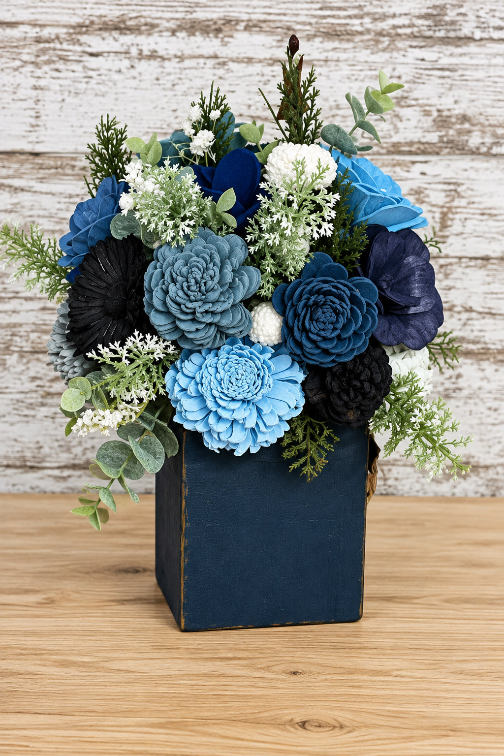 Snowy Blue Wishes Snowman Sola Wood Flower Arrangement