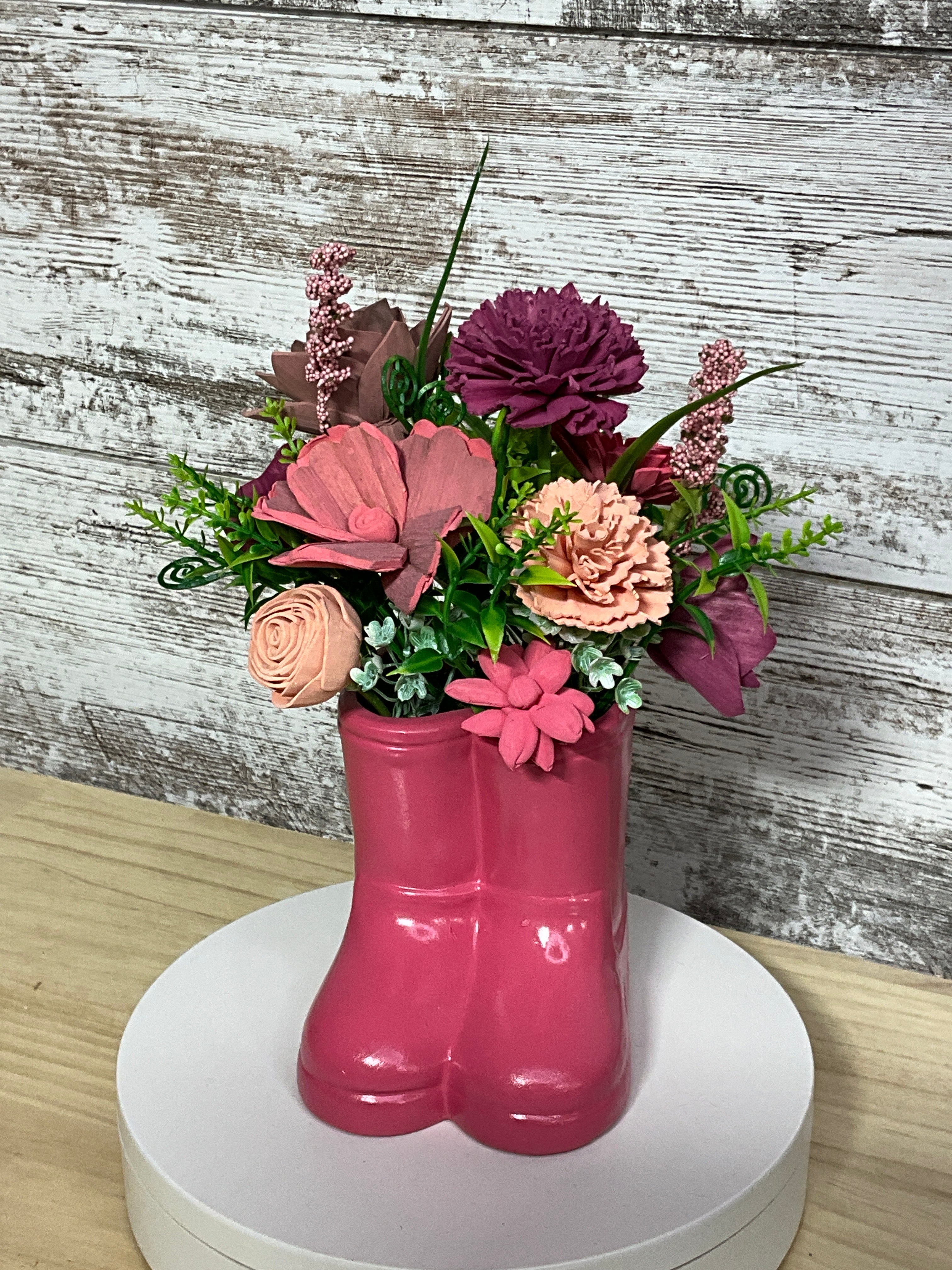 Pink Rain Boots | Sola Wood Flower Arrangement in Boot Vase