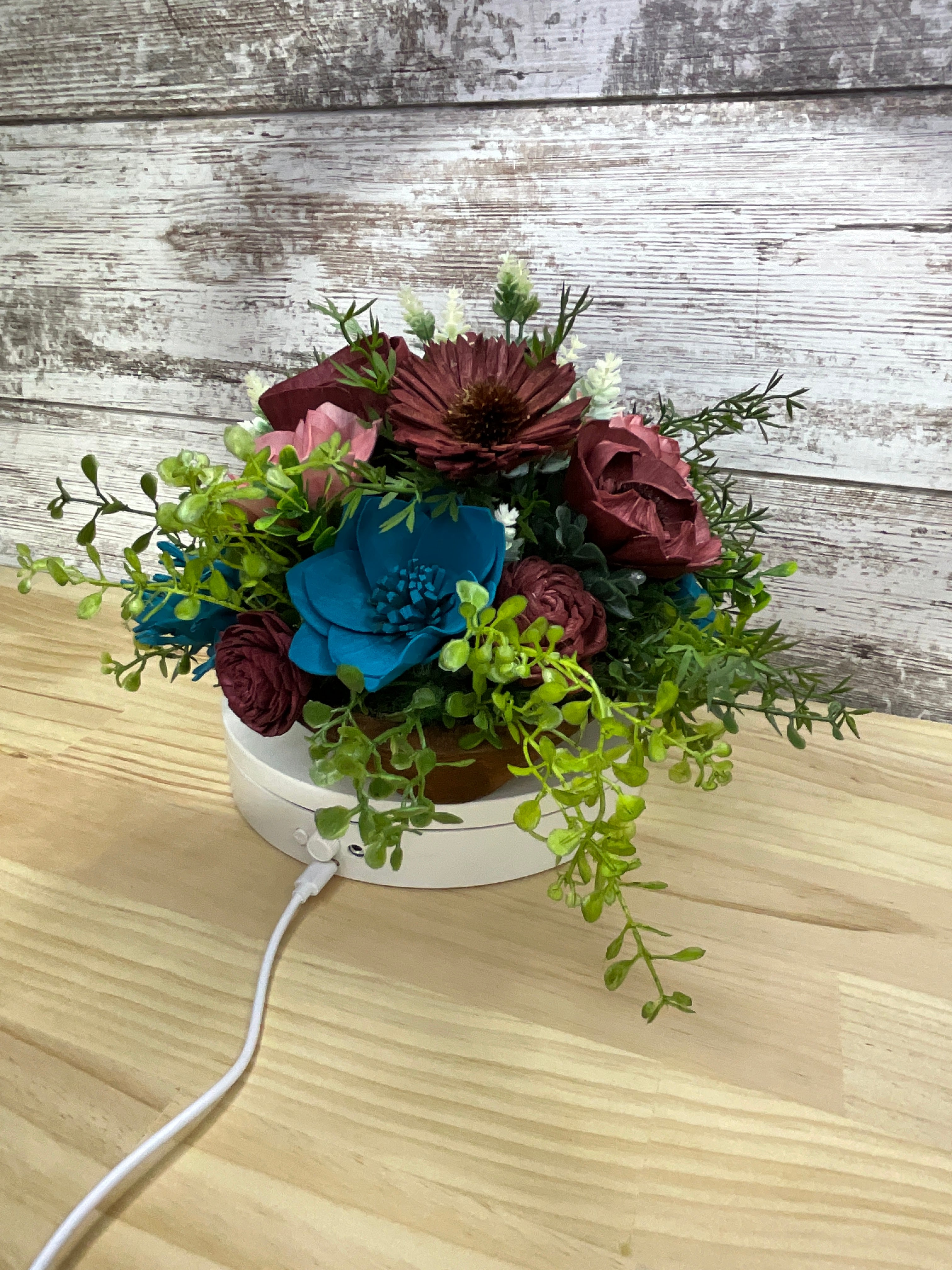 Teal & Burgundy Sola Wood Flower Arrangement in Wooden Dough Bowl