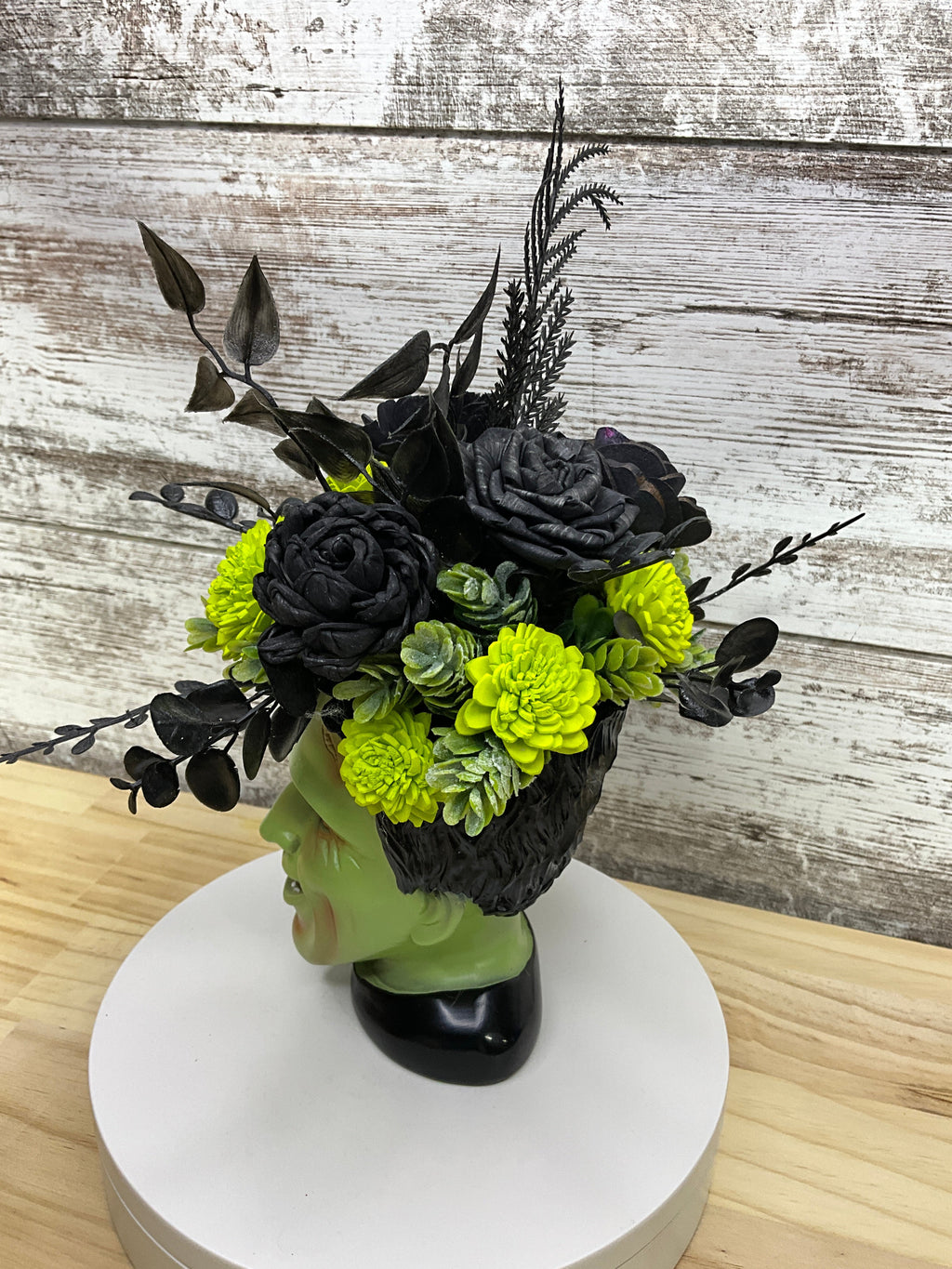 Frankenstein Sola Wood Flower Arrangement – Black & Lime Green