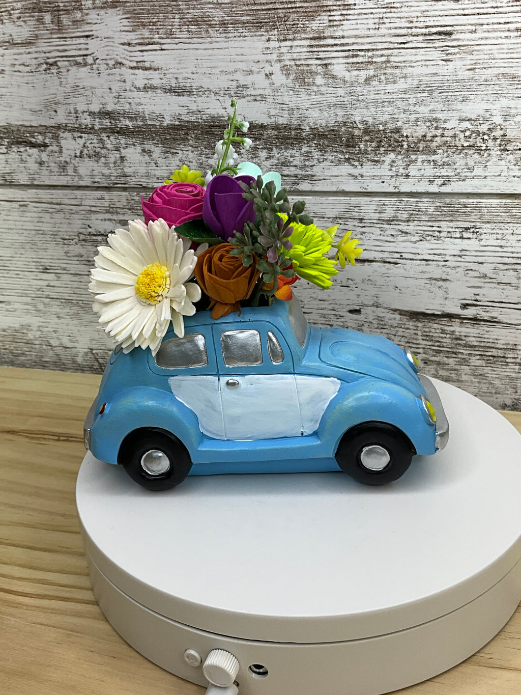 Boho Rainbow Sola Wood Flower Arrangement in Vintage VW Beetle Vase