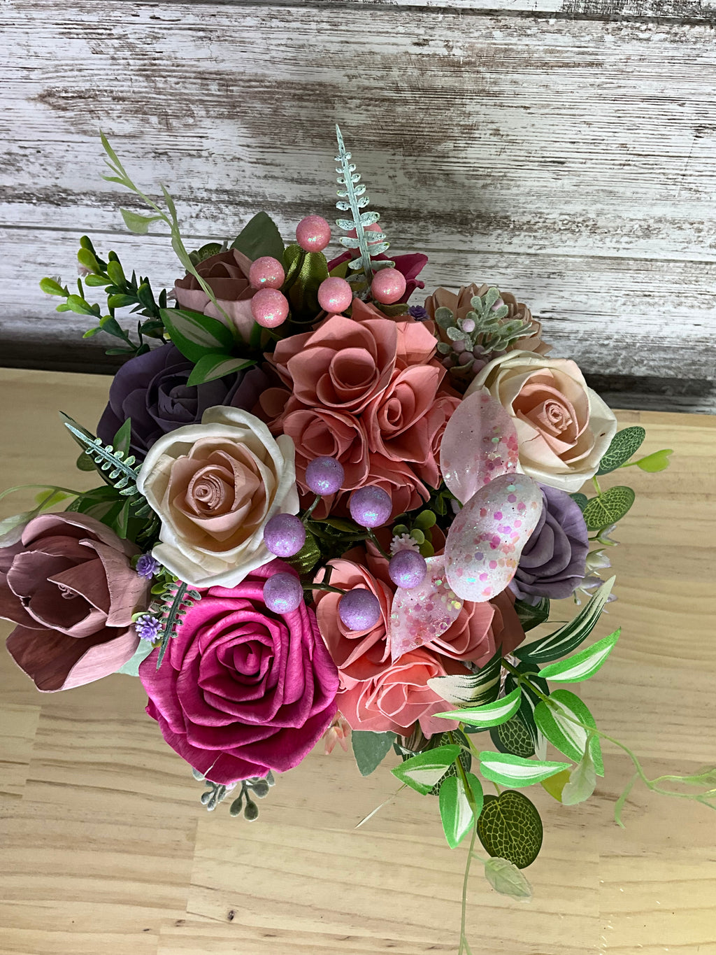 Lavender Pot Sola Wood Rose Arrangement – Magenta, Blush, Mauve & Purple
