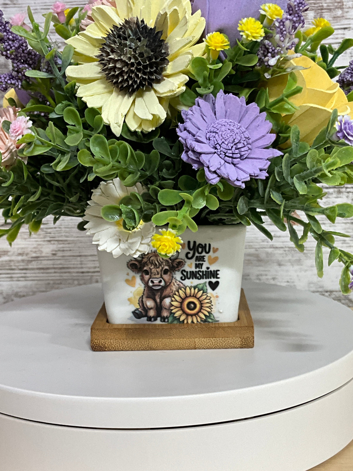 You Are My Sunshine – Highland Cow Sola Wood Flower Arrangement