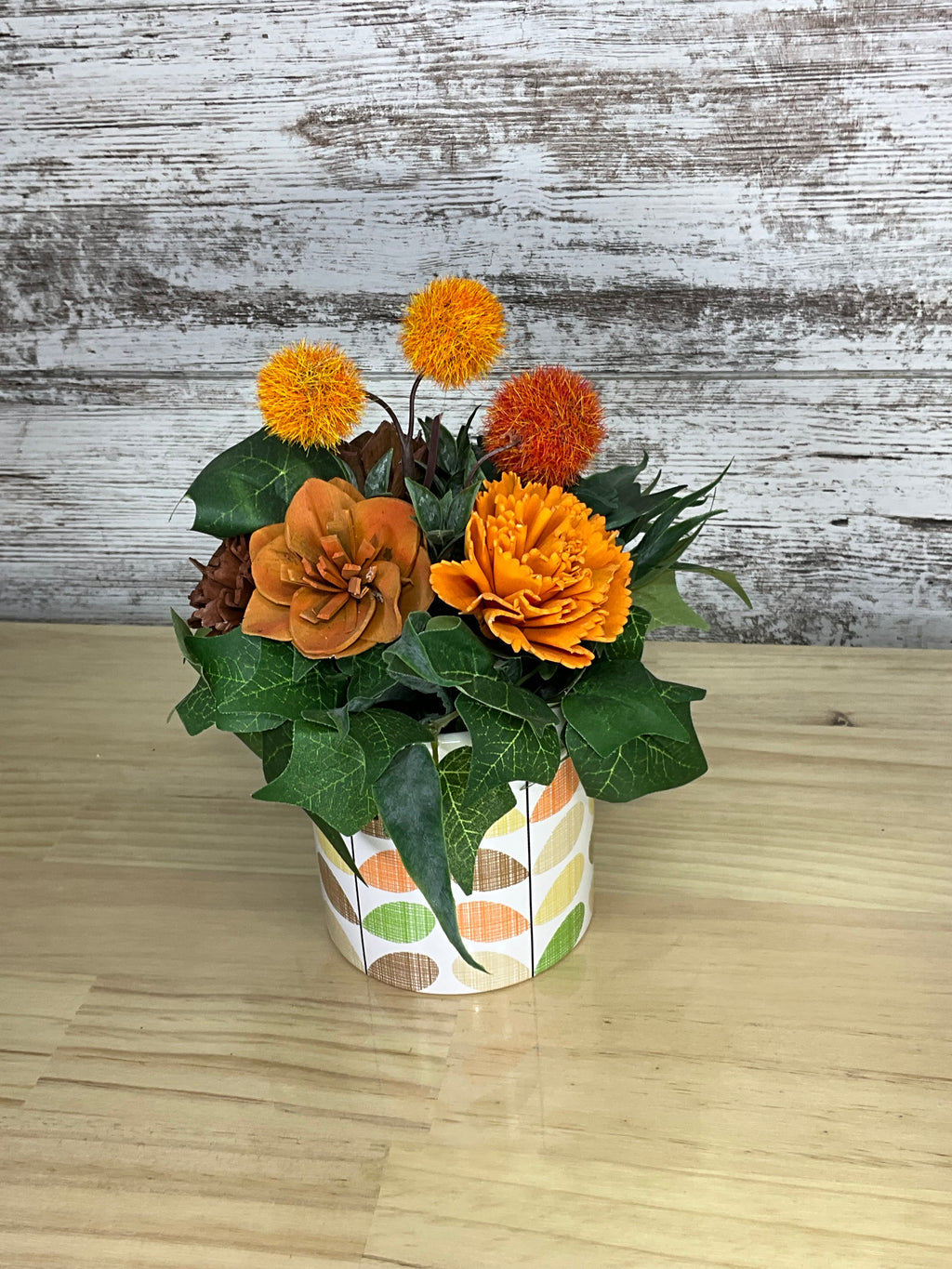 Retro Polka Dot Box Sola Wood Arrangement – Orange Pom Poms, Mauve & Mocha