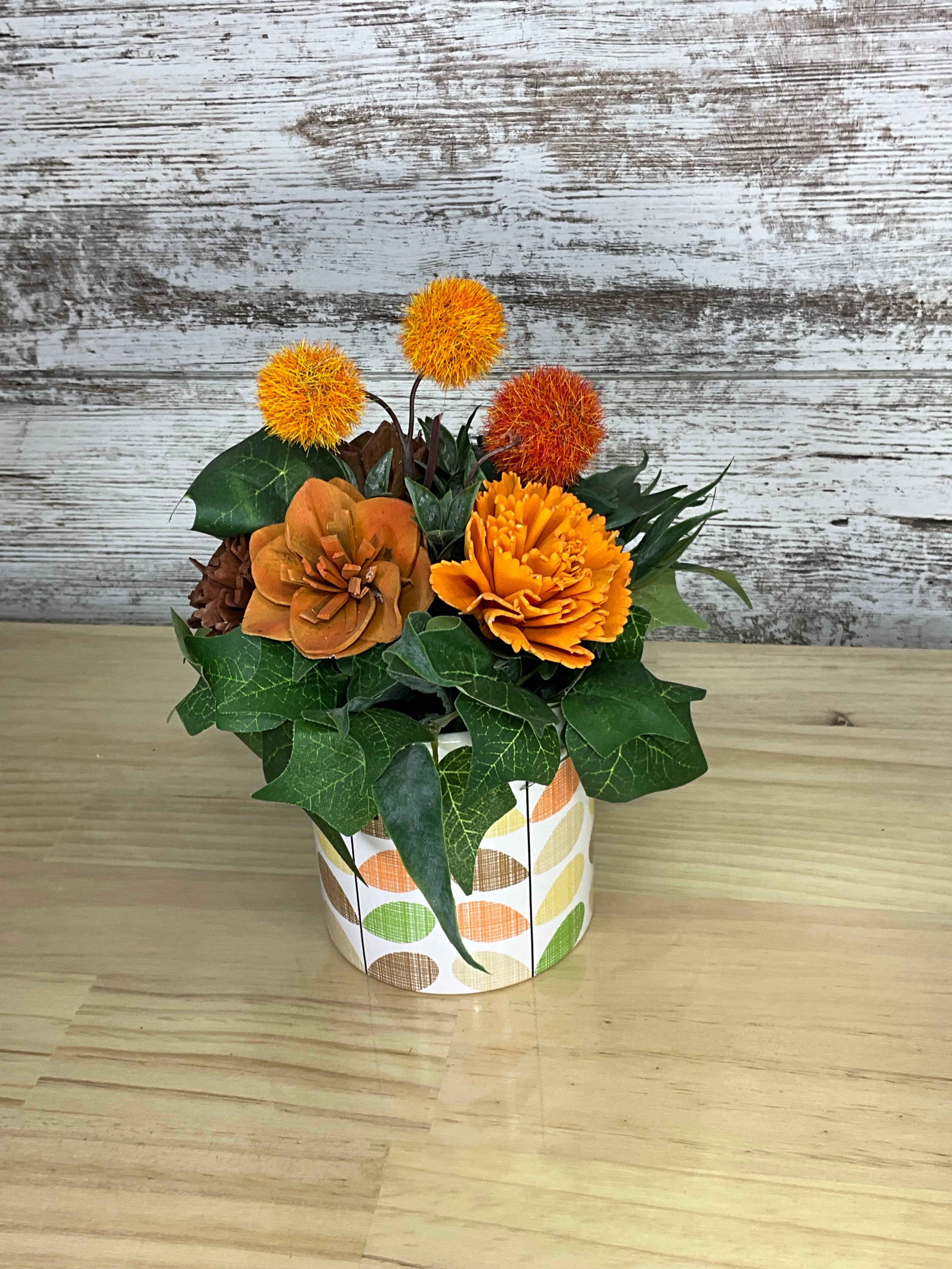 Retro Polka Dot Box Sola Wood Arrangement – Orange Pom Poms, Mauve & Mocha