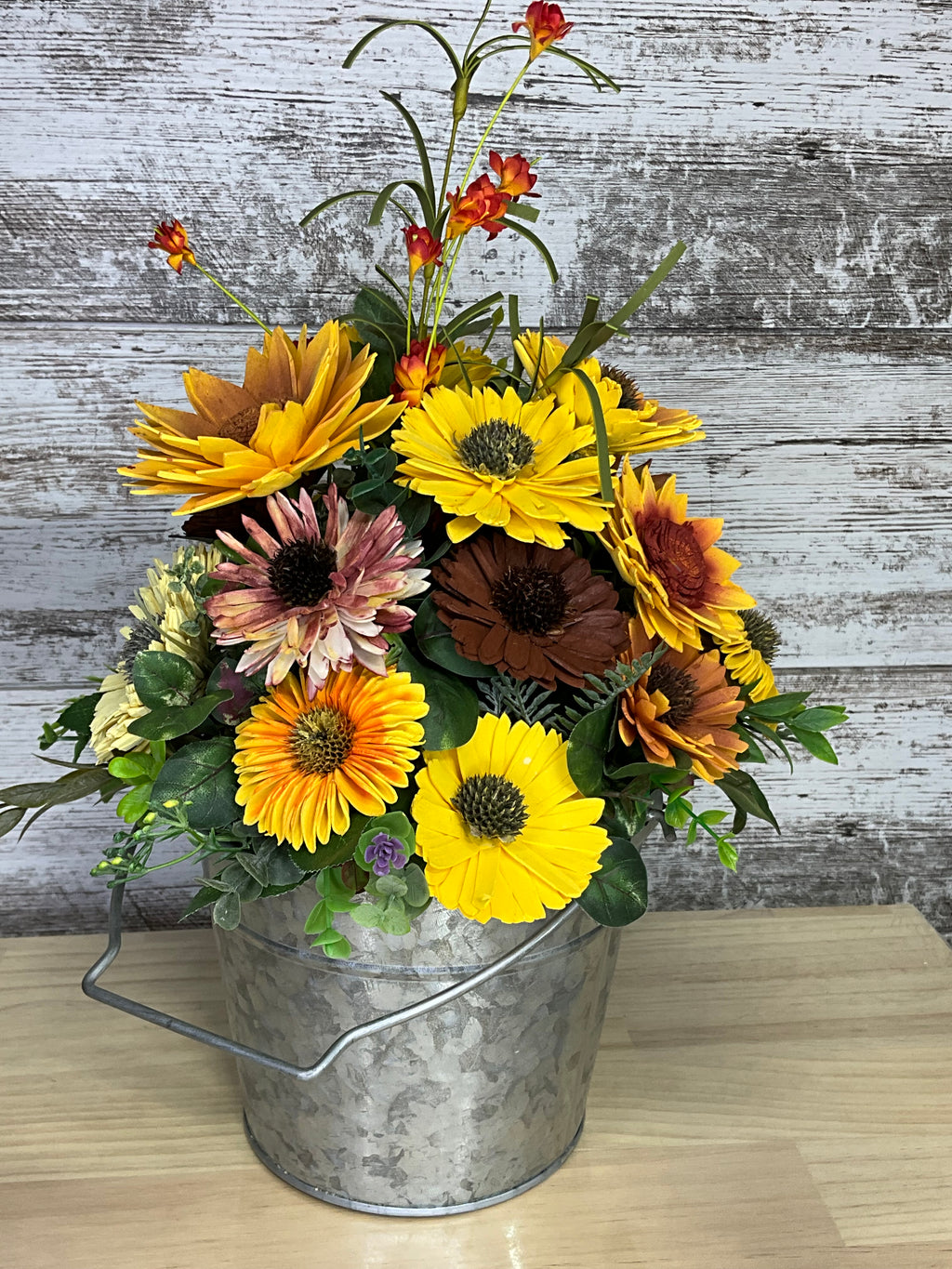 Sunflower Seeds Tin Sola Wood Arrangement – Sunflowers, Daisies & Fall Blooms