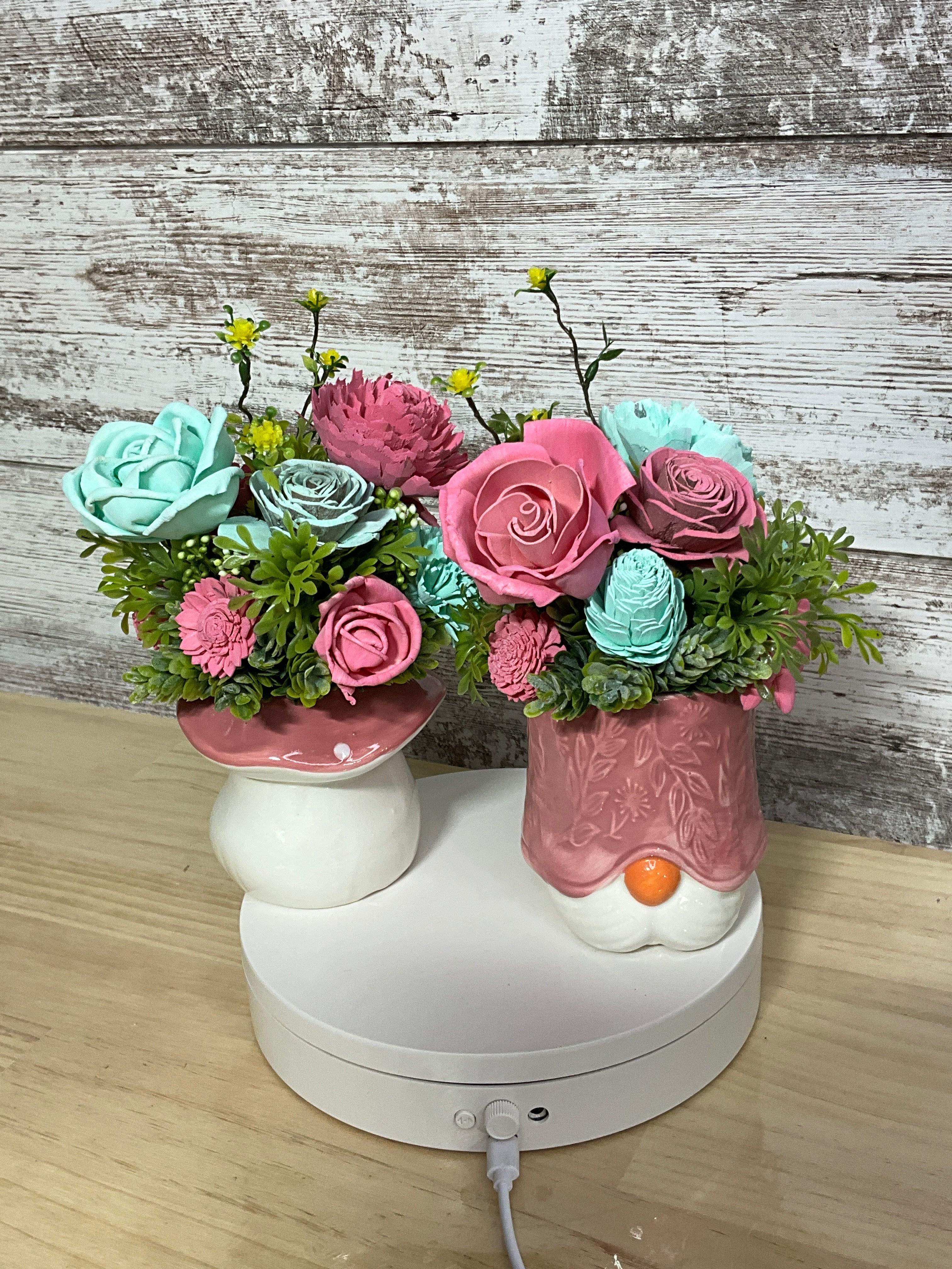 Pink & Mint Sola Wood Flower Duo | Gnome & Mushroom Ceramic Arrangement