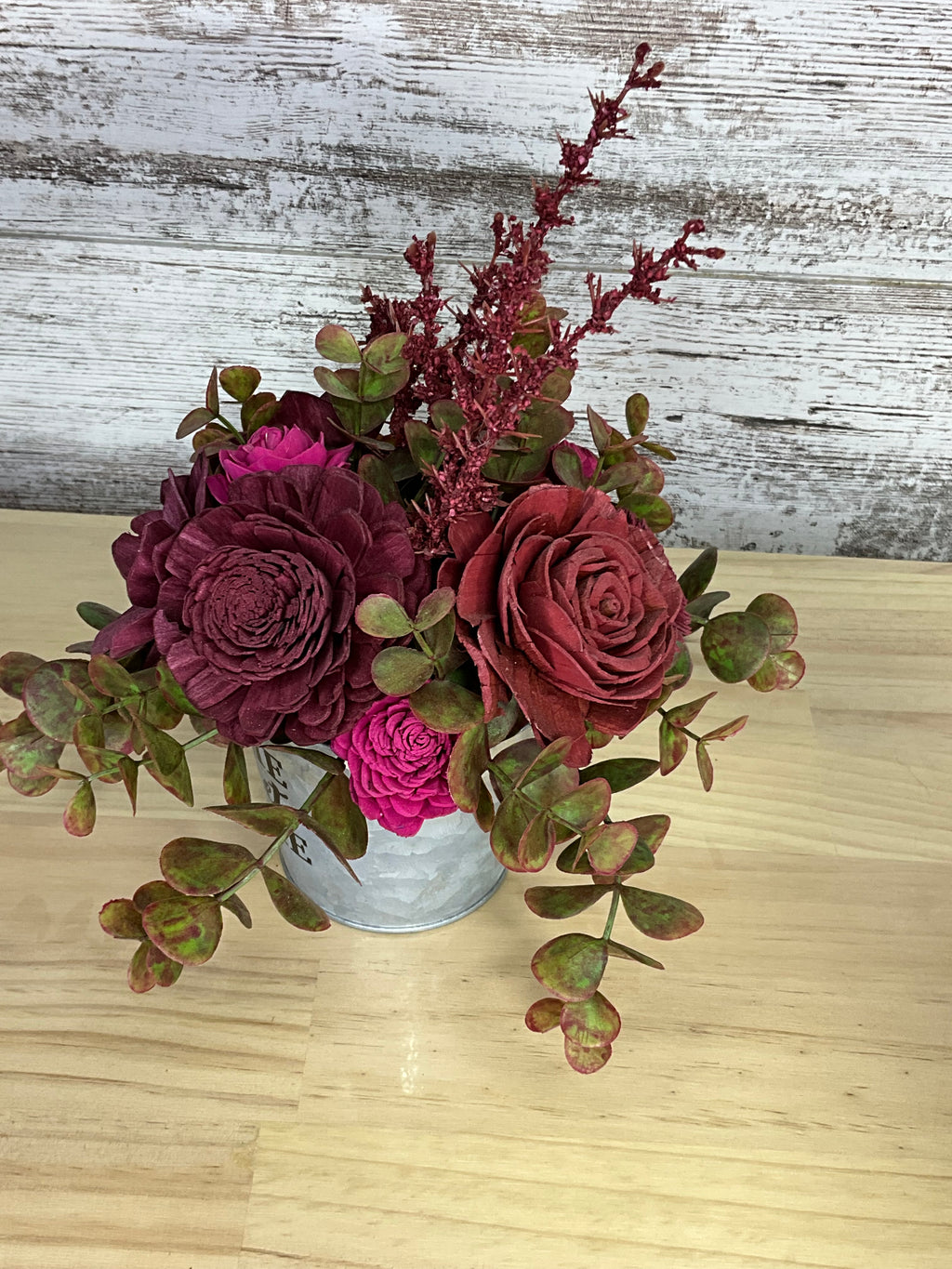 Home Sweet Home Galvanized Bucket Sola Wood Arrangement – Burgundy, Magenta & Hot Pink