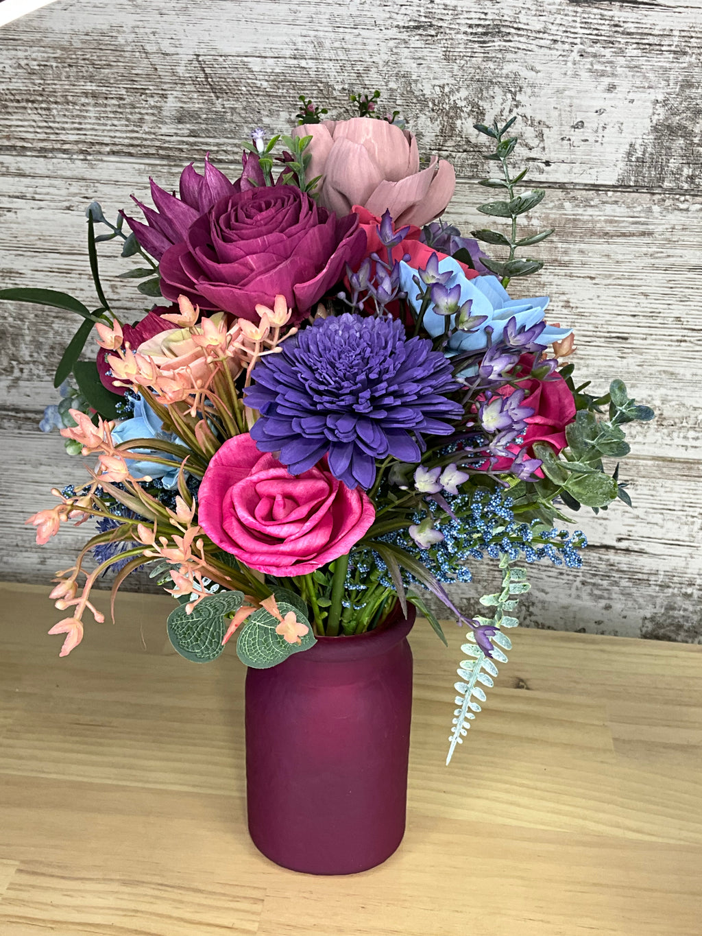 Frosted Wine Jar Drop-In Sola Wood Bouquet – Magenta, Purple, Lavender & Sky Blue