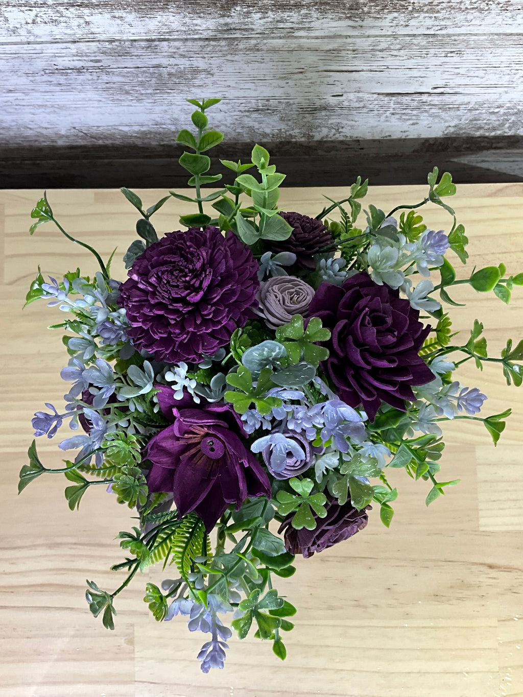 Galvanized Bucket Sola Wood Arrangement – Deep Plum & Silver Blue