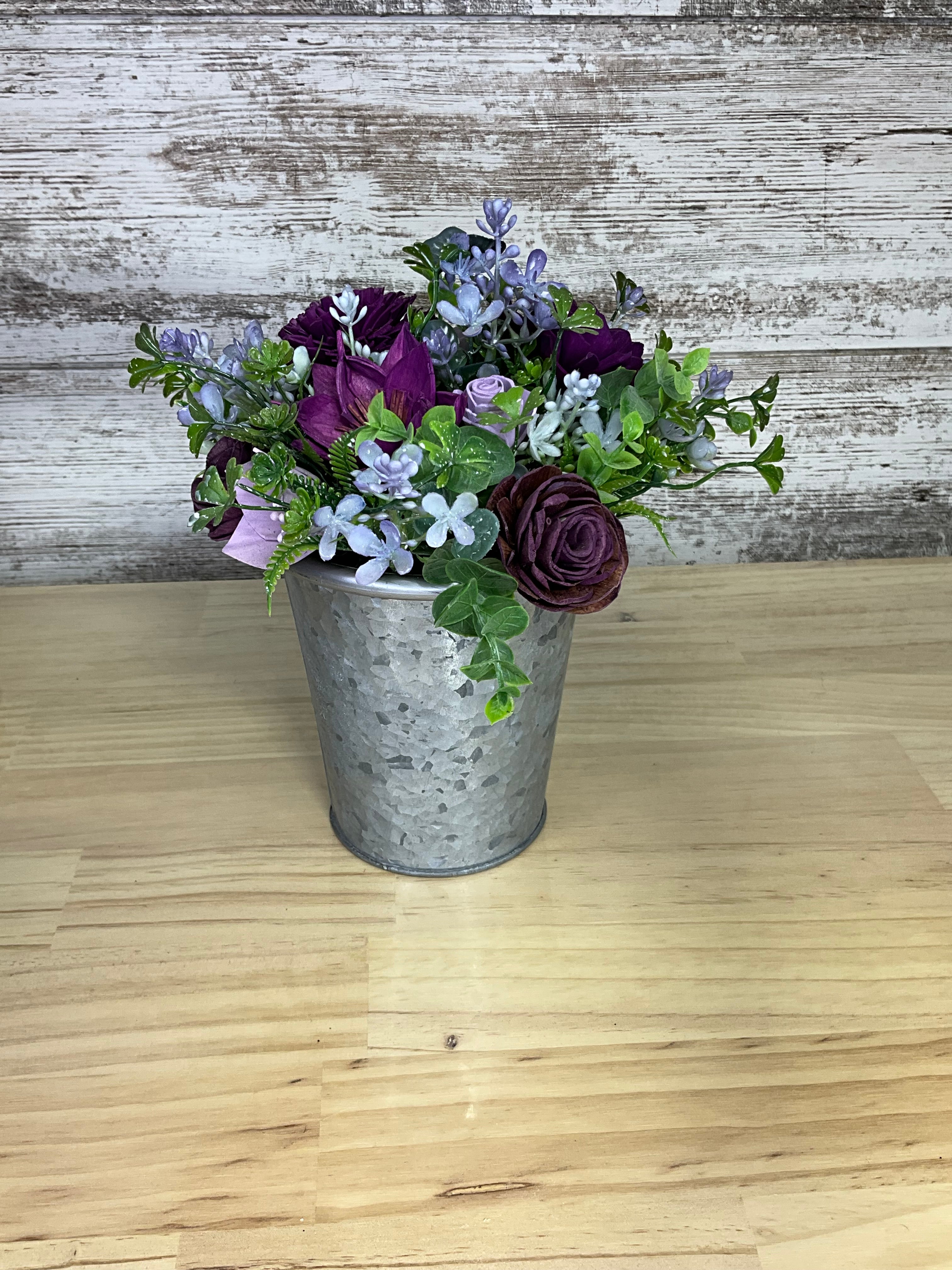 Galvanized Bucket Sola Wood Arrangement – Deep Plum & Silver Blue