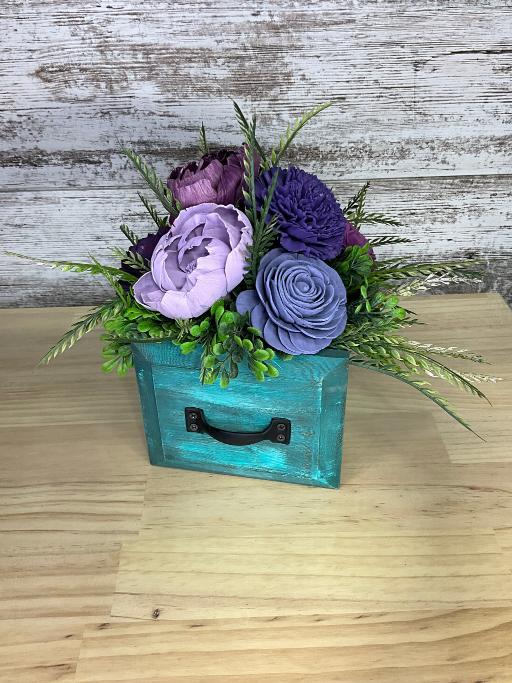 Distressed Teal Drawer Box Sola Wood Arrangement – Purple, Lavender & Plum