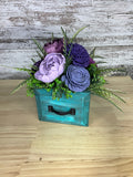 Distressed Teal Drawer Box Sola Wood Arrangement – Purple, Lavender & Plum