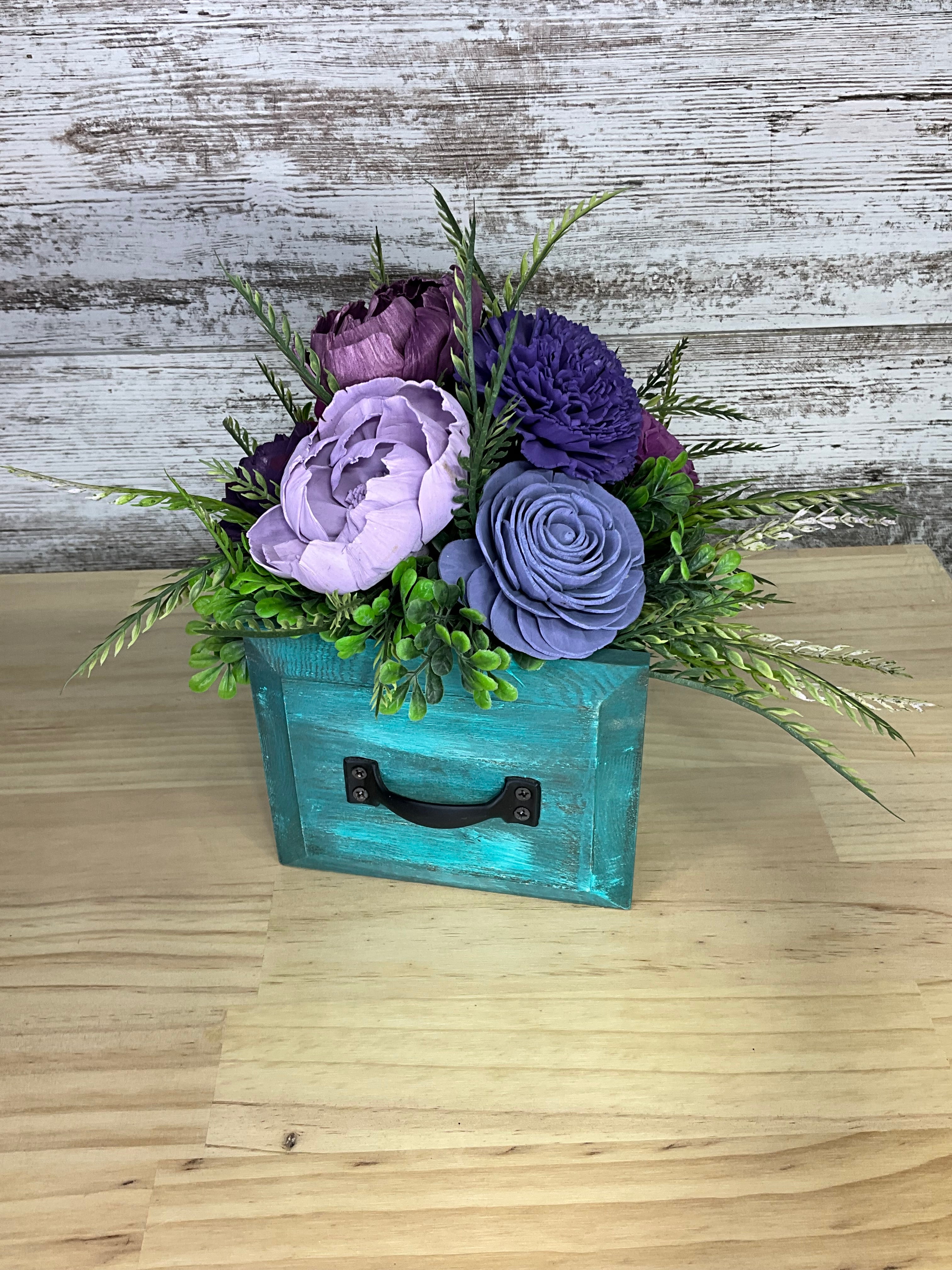 Distressed Teal Drawer Box Sola Wood Arrangement – Purple, Lavender & Plum