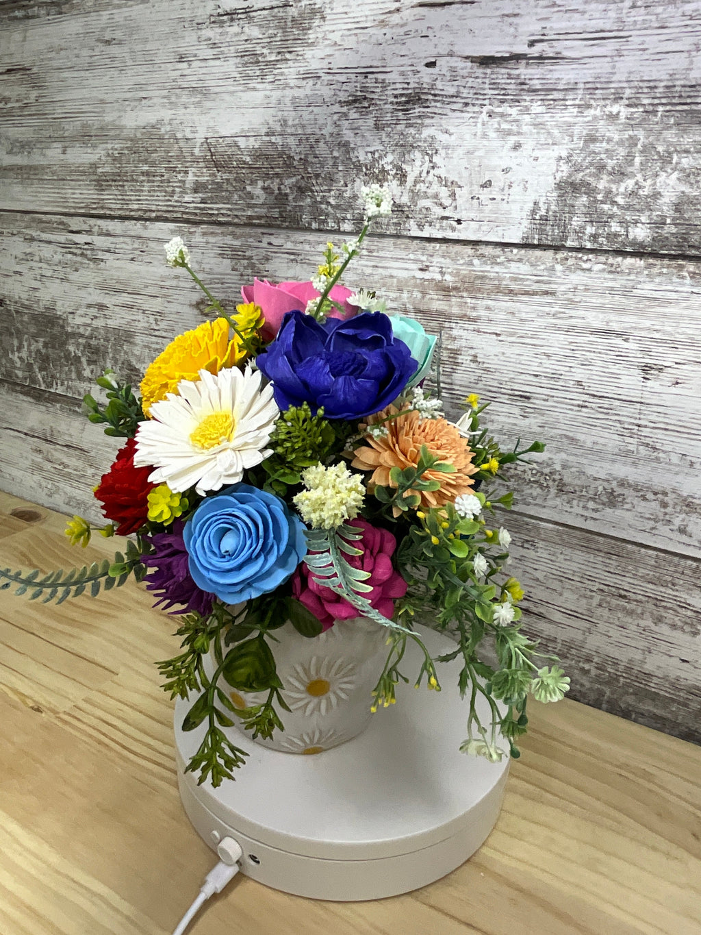 Rainbow Wildflower Sola Wood Flower Arrangement in Daisy Ceramic Pot