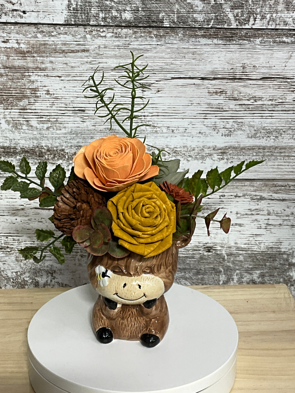 Mini Cow Sola Wood Flower Arrangement