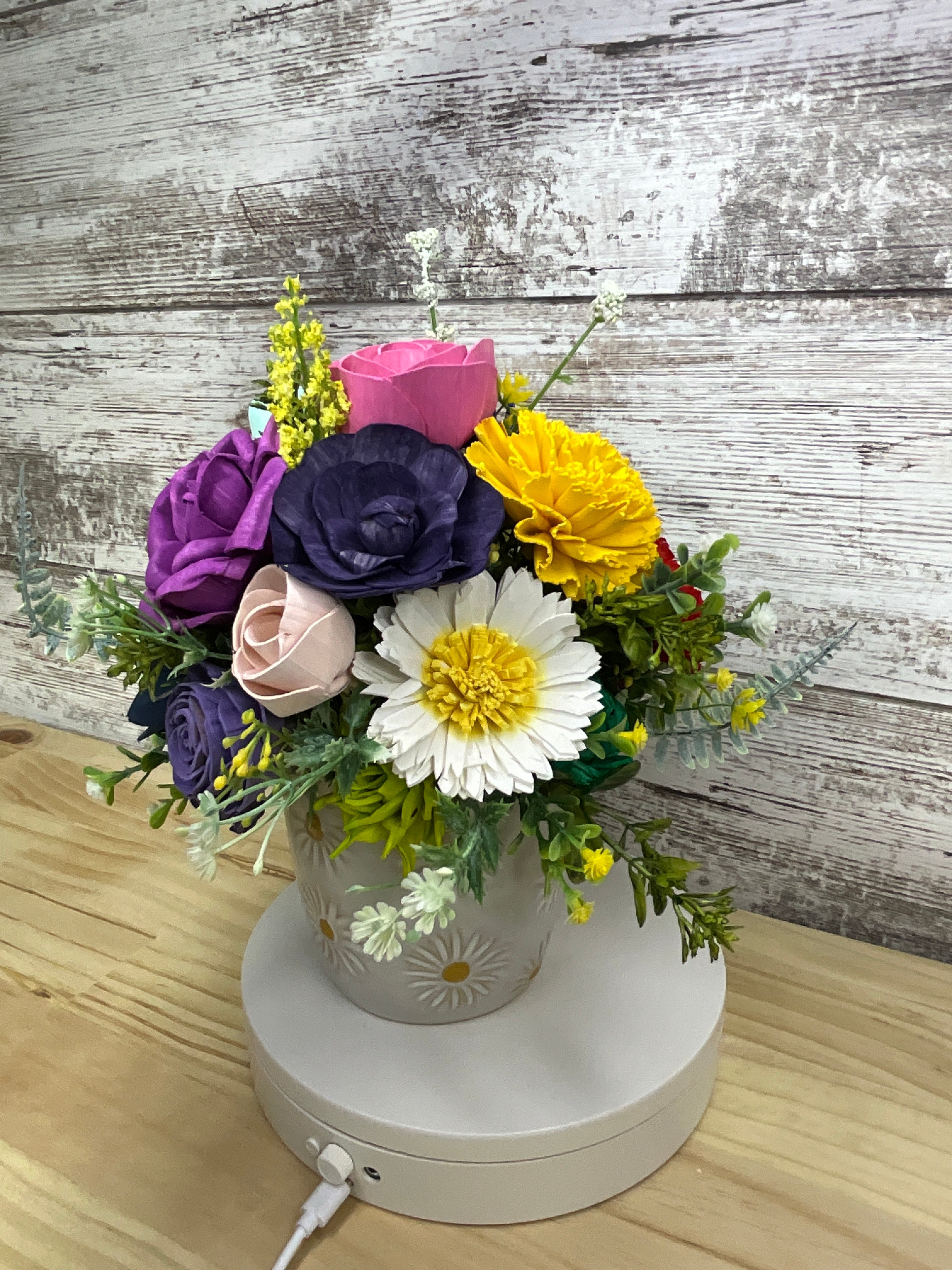 Rainbow Wildflower Sola Wood Flower Arrangement in Daisy Ceramic Pot