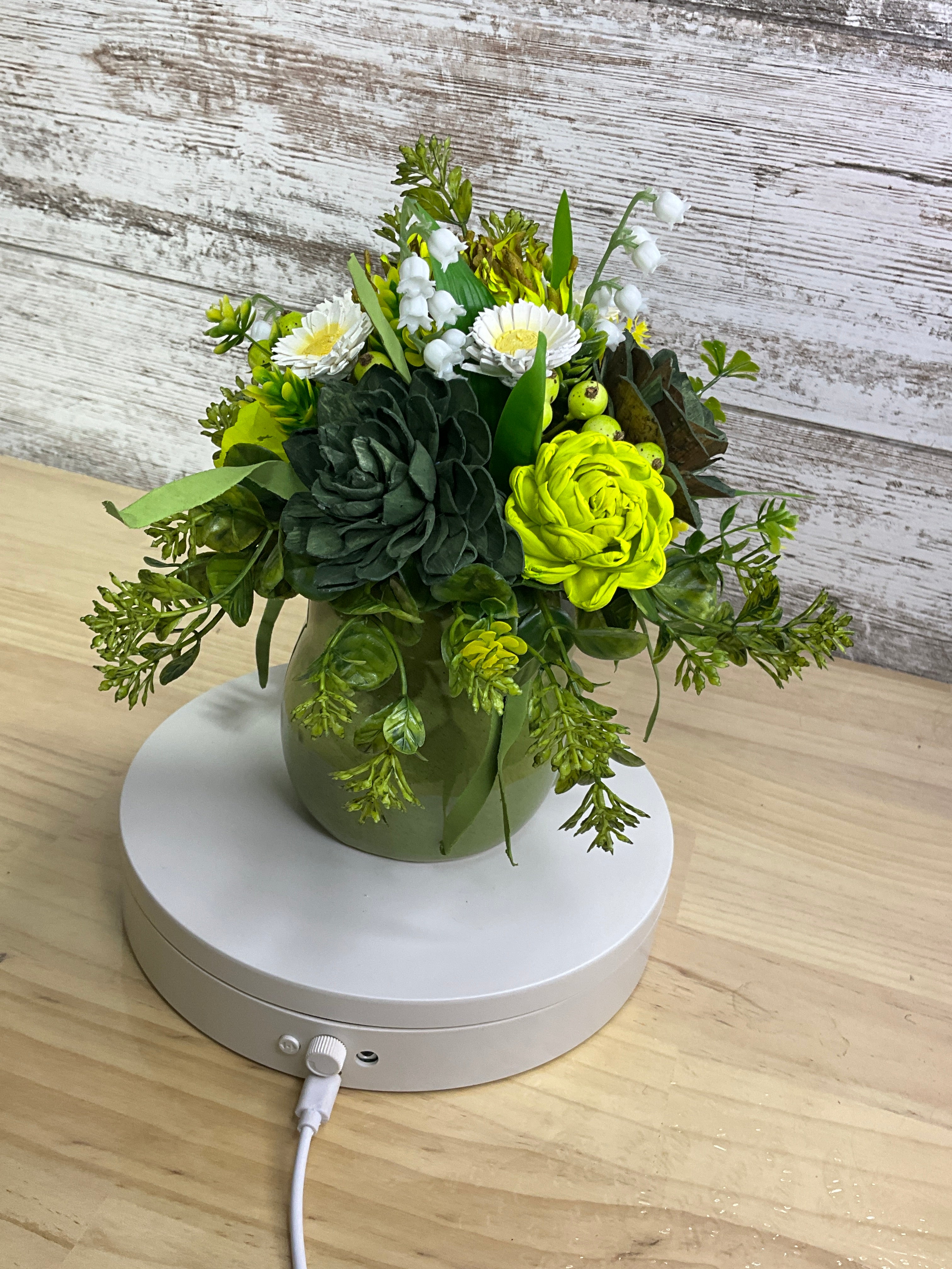 Green Sola Wood Flower Arrangement in Ceramic Frog Vase