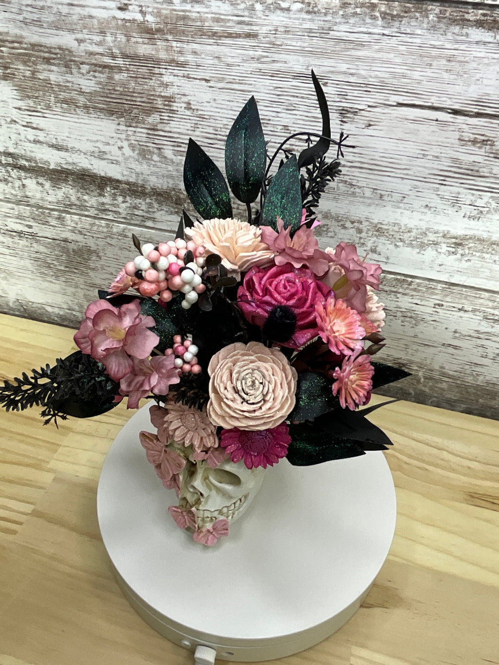 Gothic Halloween Butterfly Skull Sola Wood Flower Arrangement – Blush & Mauve