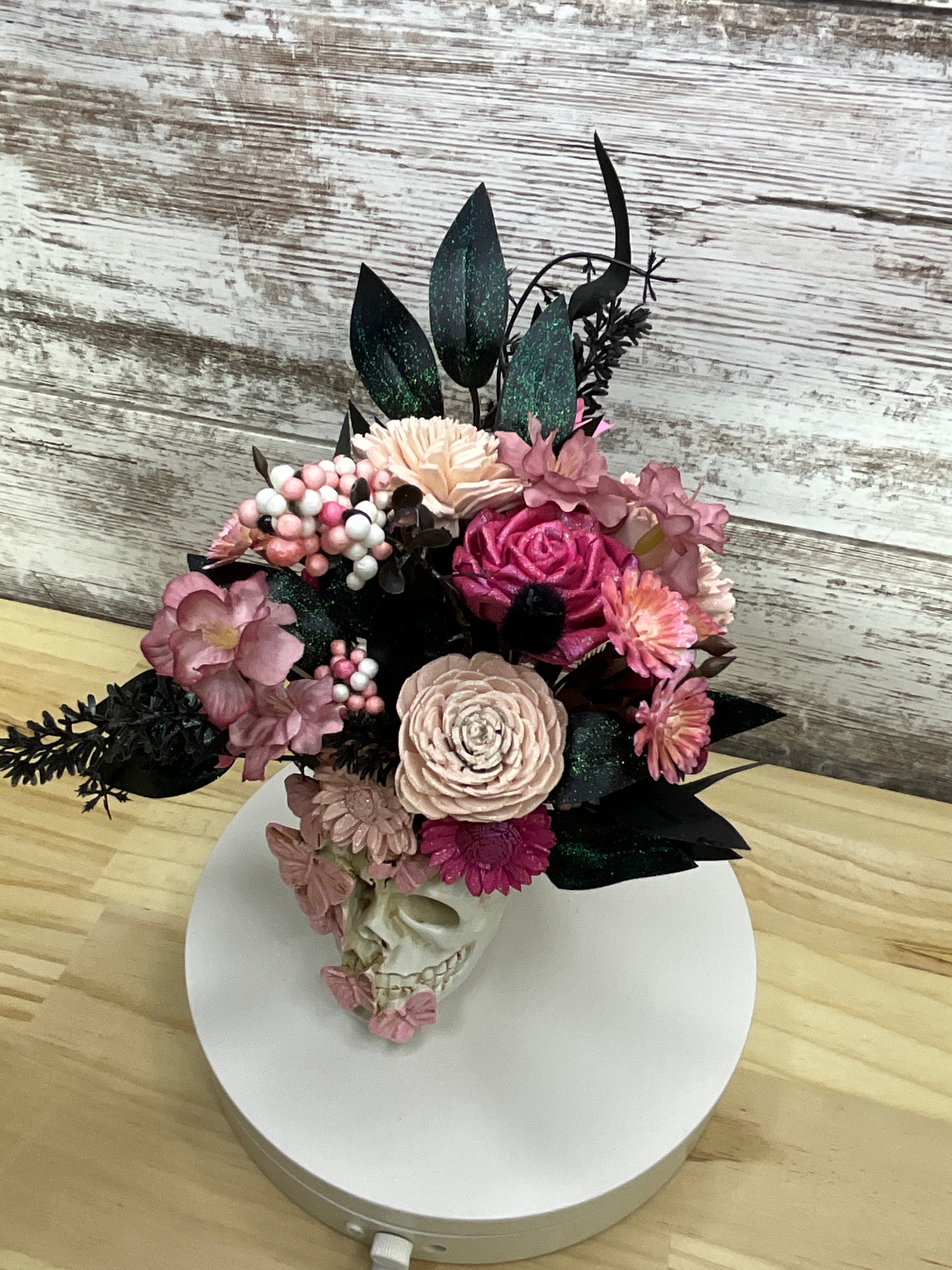 Gothic Halloween Butterfly Skull Sola Wood Flower Arrangement – Blush & Mauve