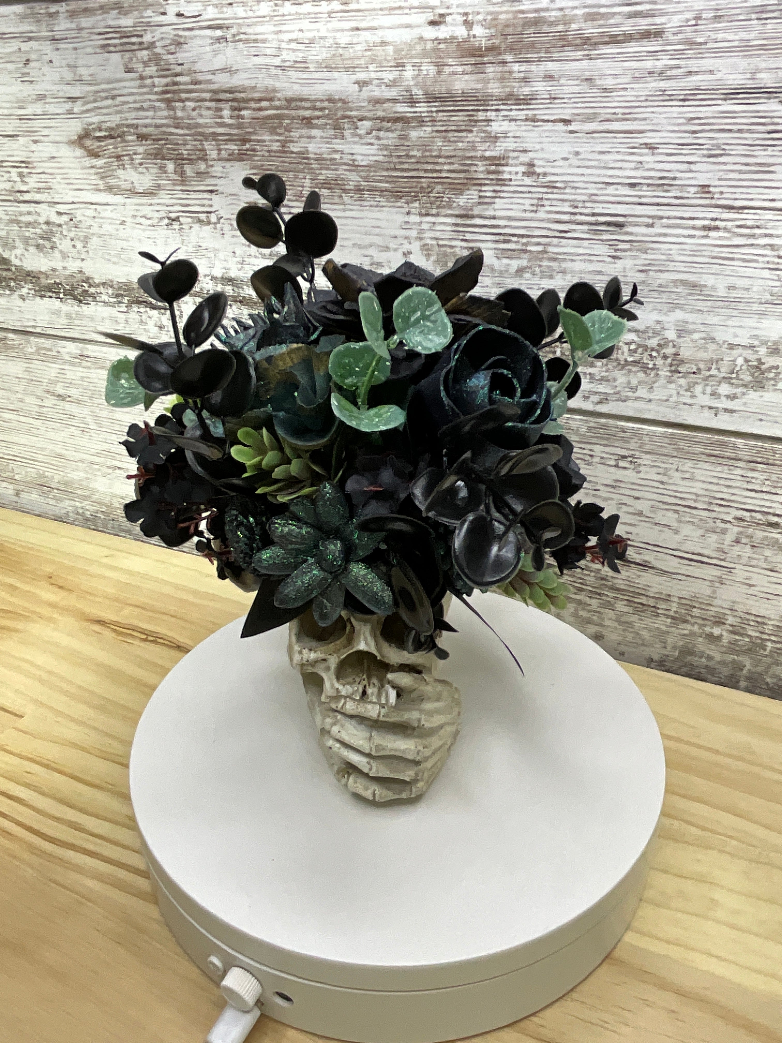 Gothic Black Sola Wood Flower Skull Arrangement